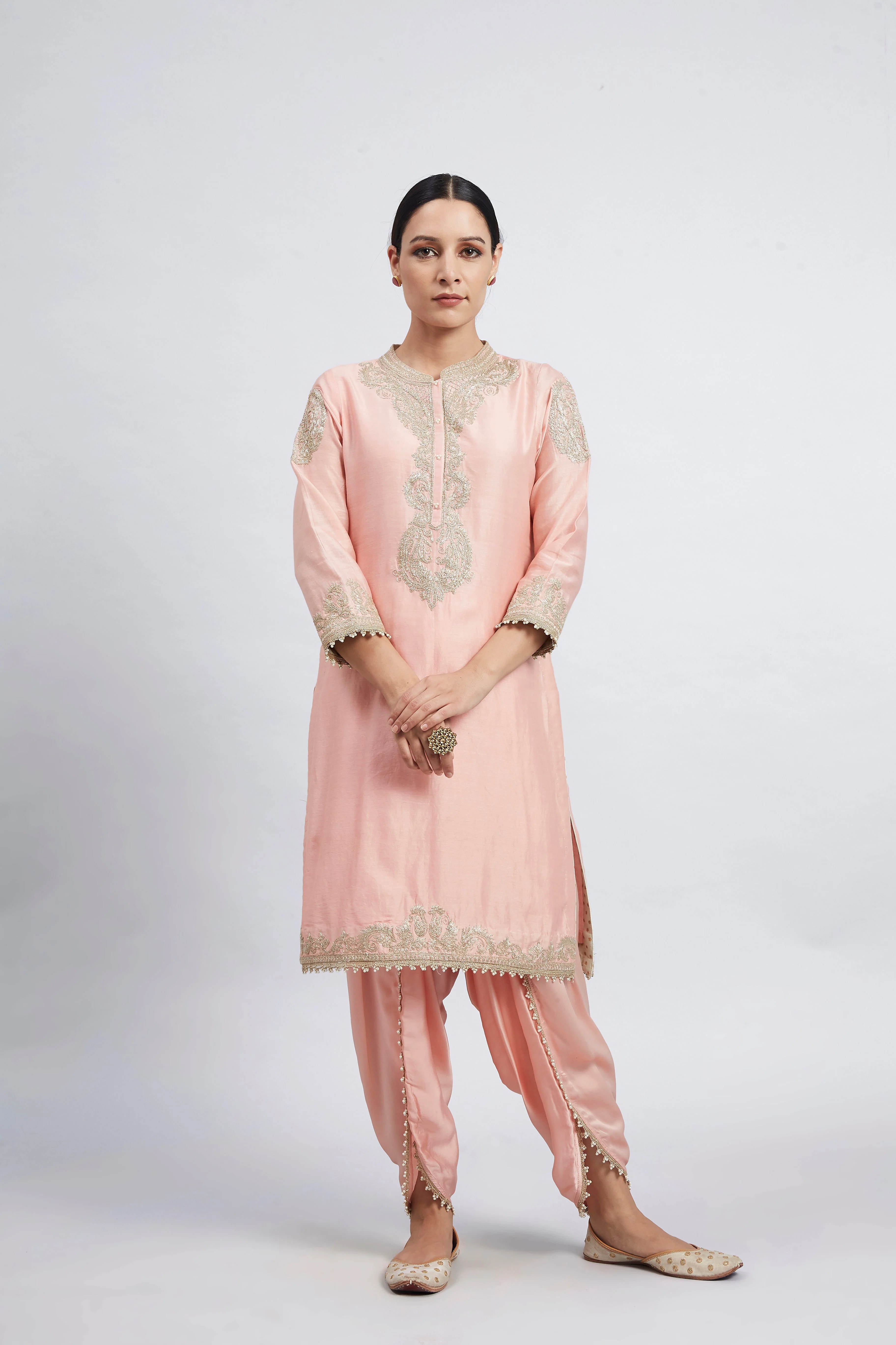 Aabisah- Carnation Pink Embroidered Kurta With Dhoti (Lxrts)