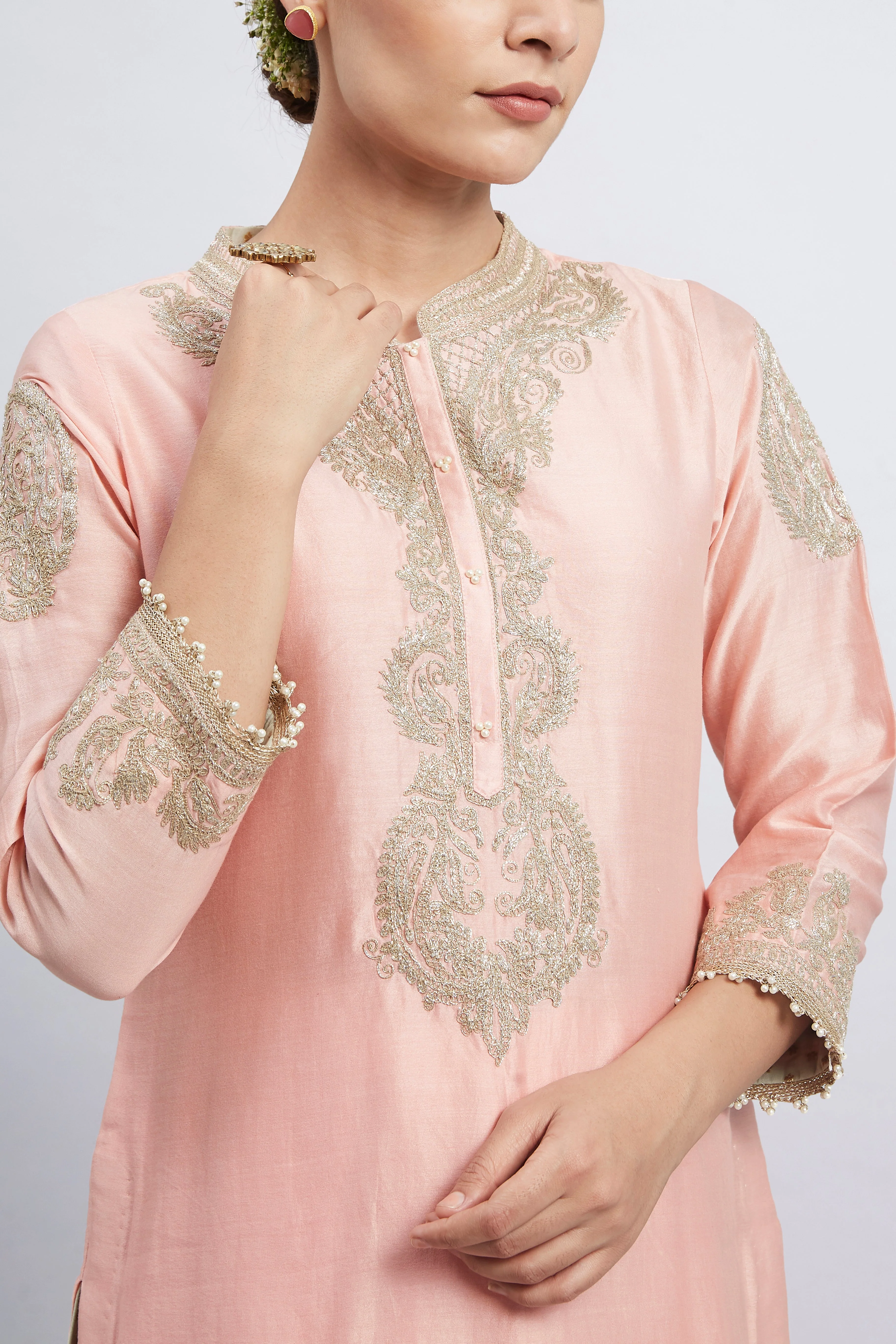 Aabisah- Carnation Pink Embroidered Kurta With Dhoti (Lxrts) - Image 2