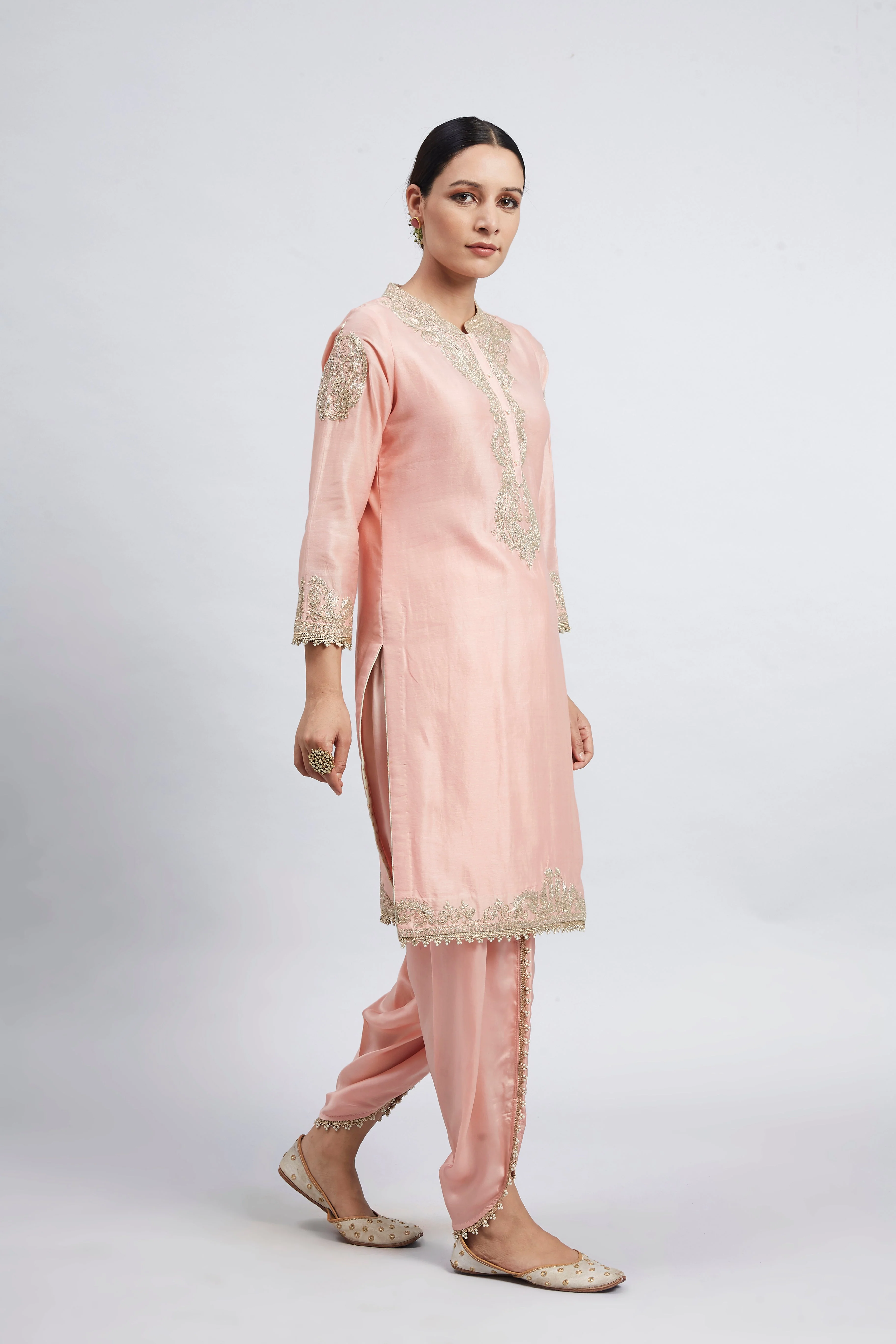 Aabisah- Carnation Pink Embroidered Kurta With Dhoti (Lxrts) - Image 3