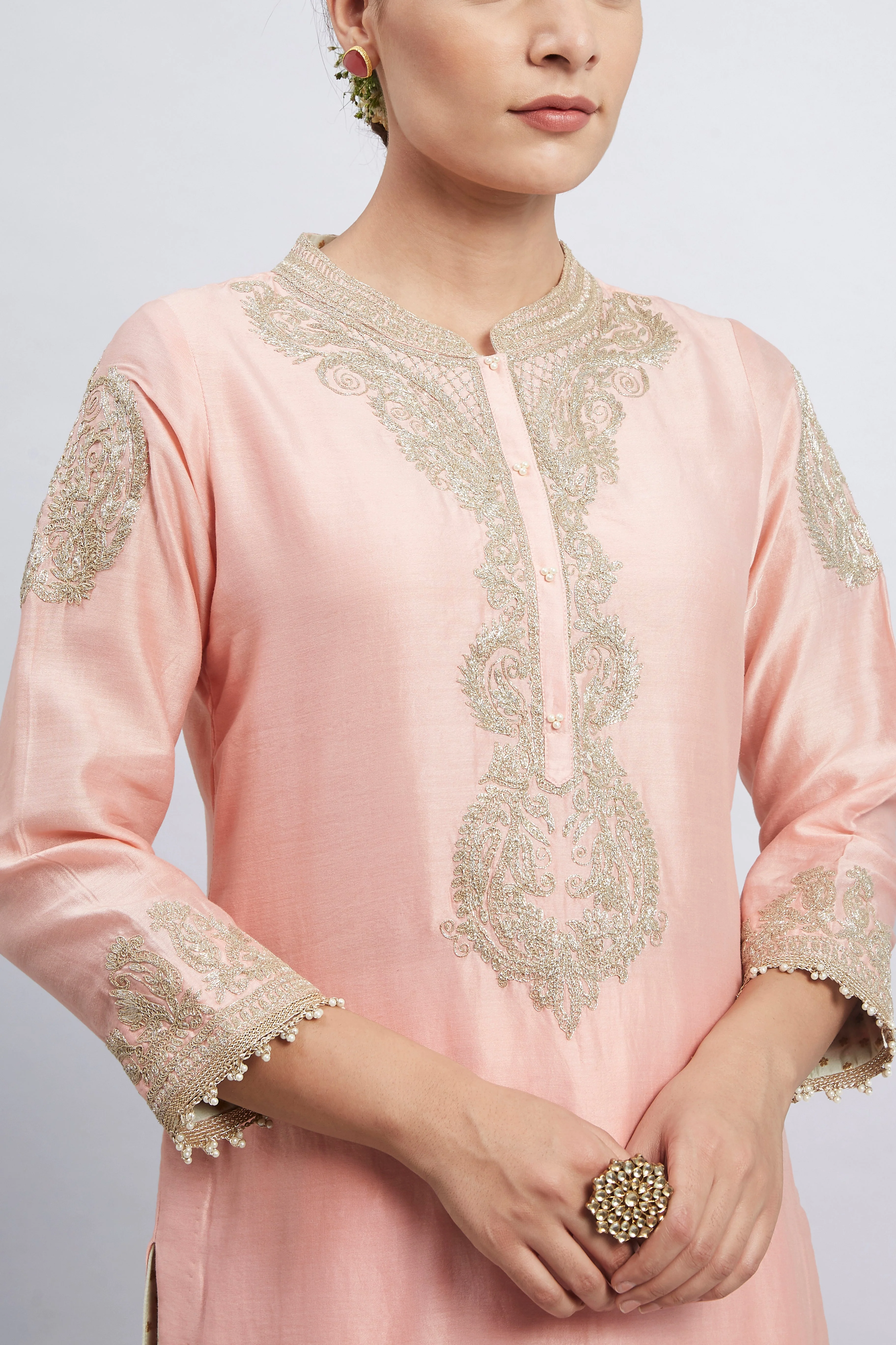 Aabisah- Carnation Pink Embroidered Kurta With Dhoti (Lxrts) - Image 4