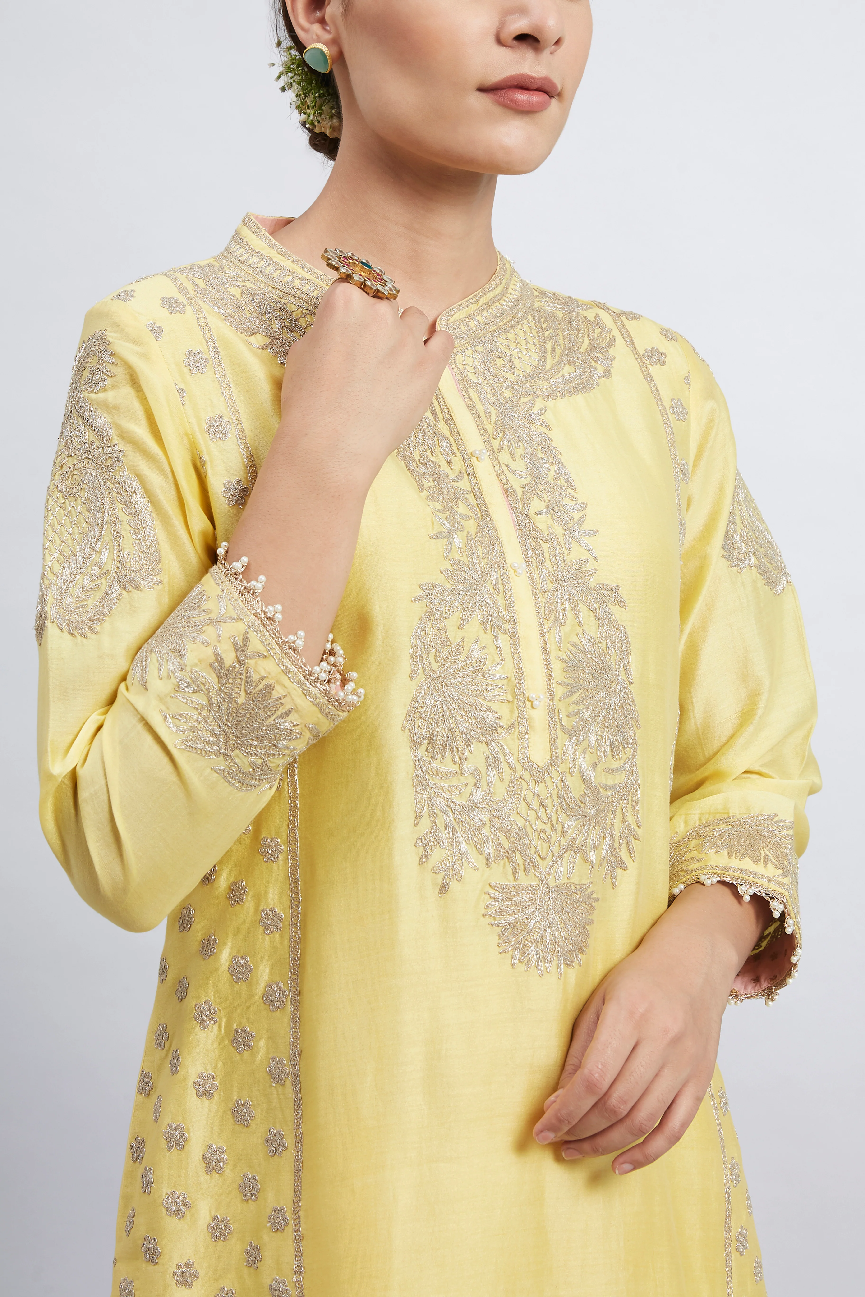 Aabish- Daffodil Yellow Pearl Embroidered Kurta Set - Image 3