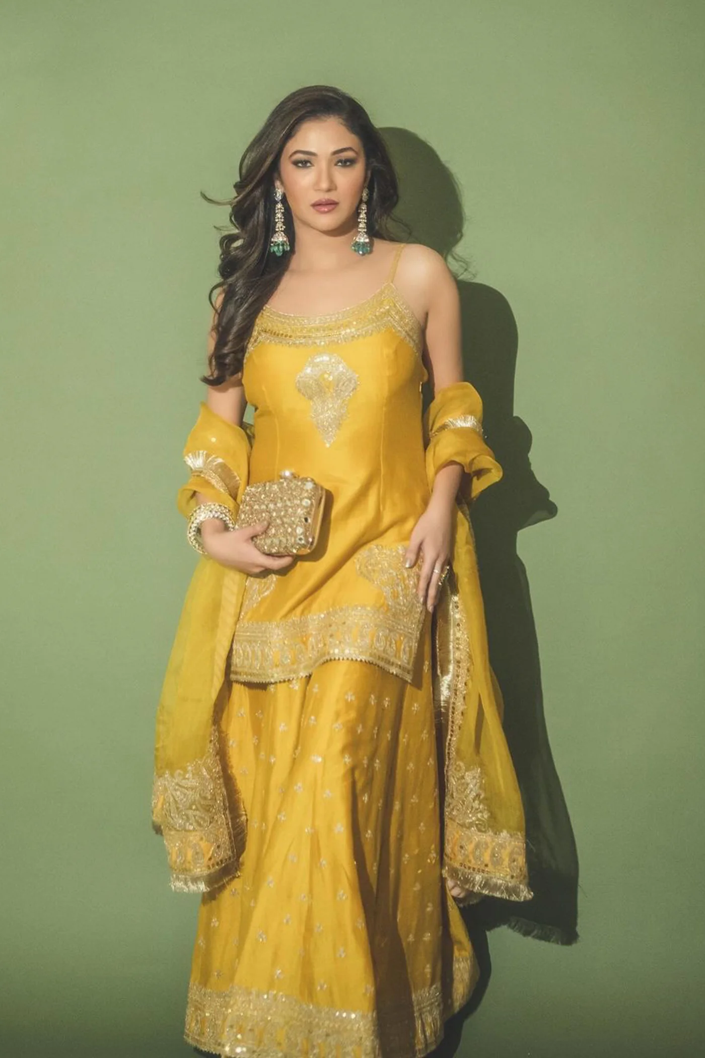 Riddhima Pandit In AABROO - Glaze Mustard SHORT KURTA WITH SHARARA AND DUPATTA - Image 3