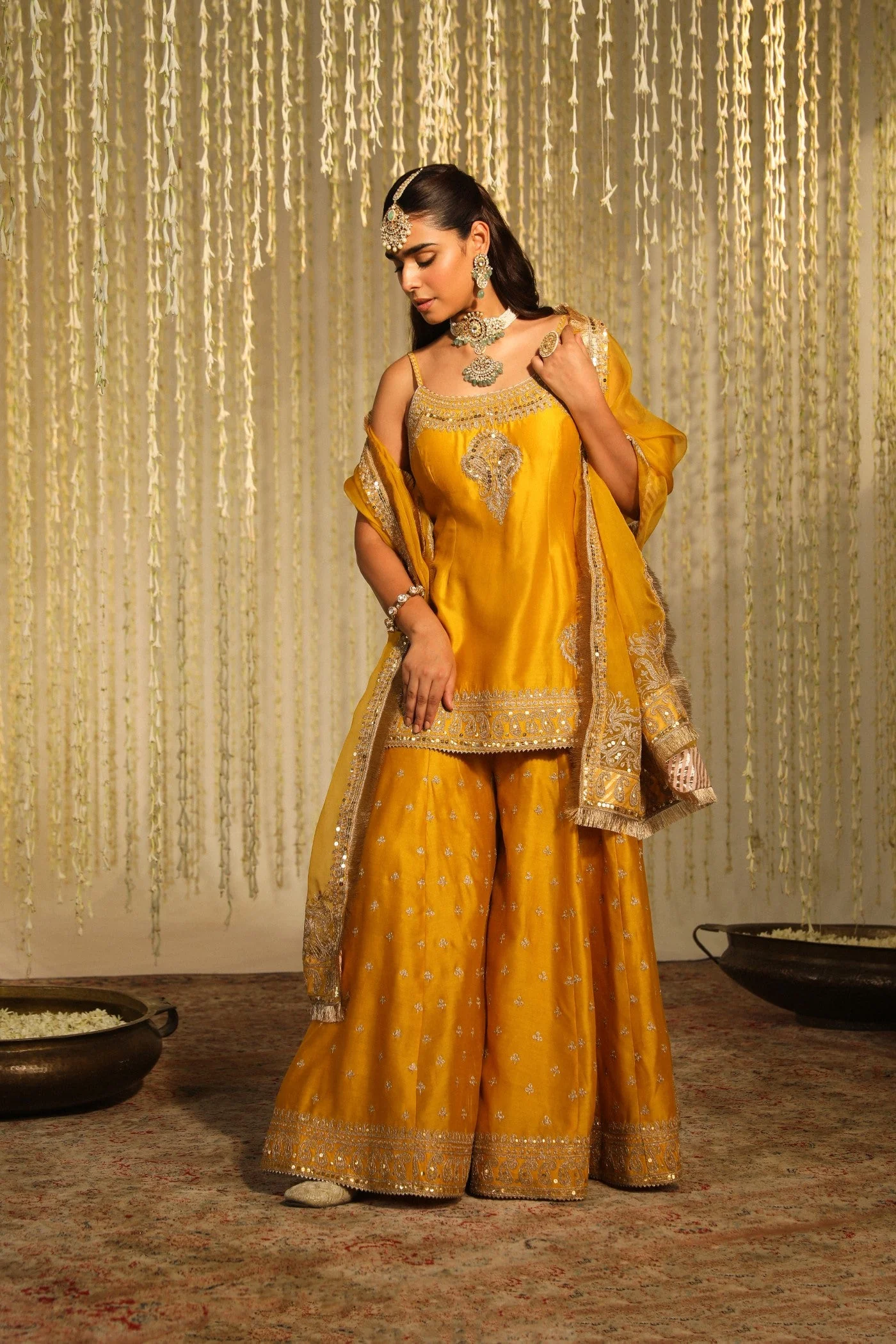 AABROO - GLAZE MUSTARD SHORT KURTA WITH SHARARA AND DUPATTA (LXRTS)