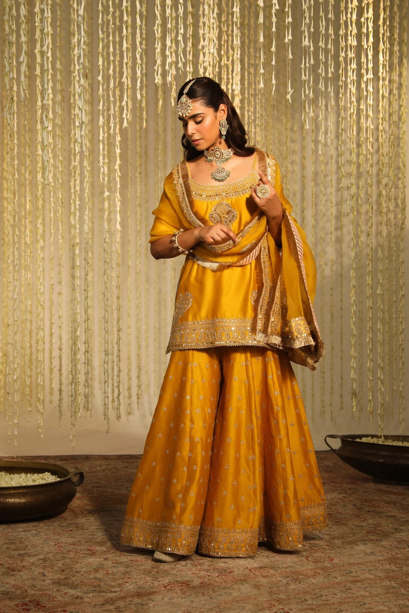 AABROO - GLAZE MUSTARD SHORT KURTA WITH SHARARA AND DUPATTA (LXRTS) - Image 2