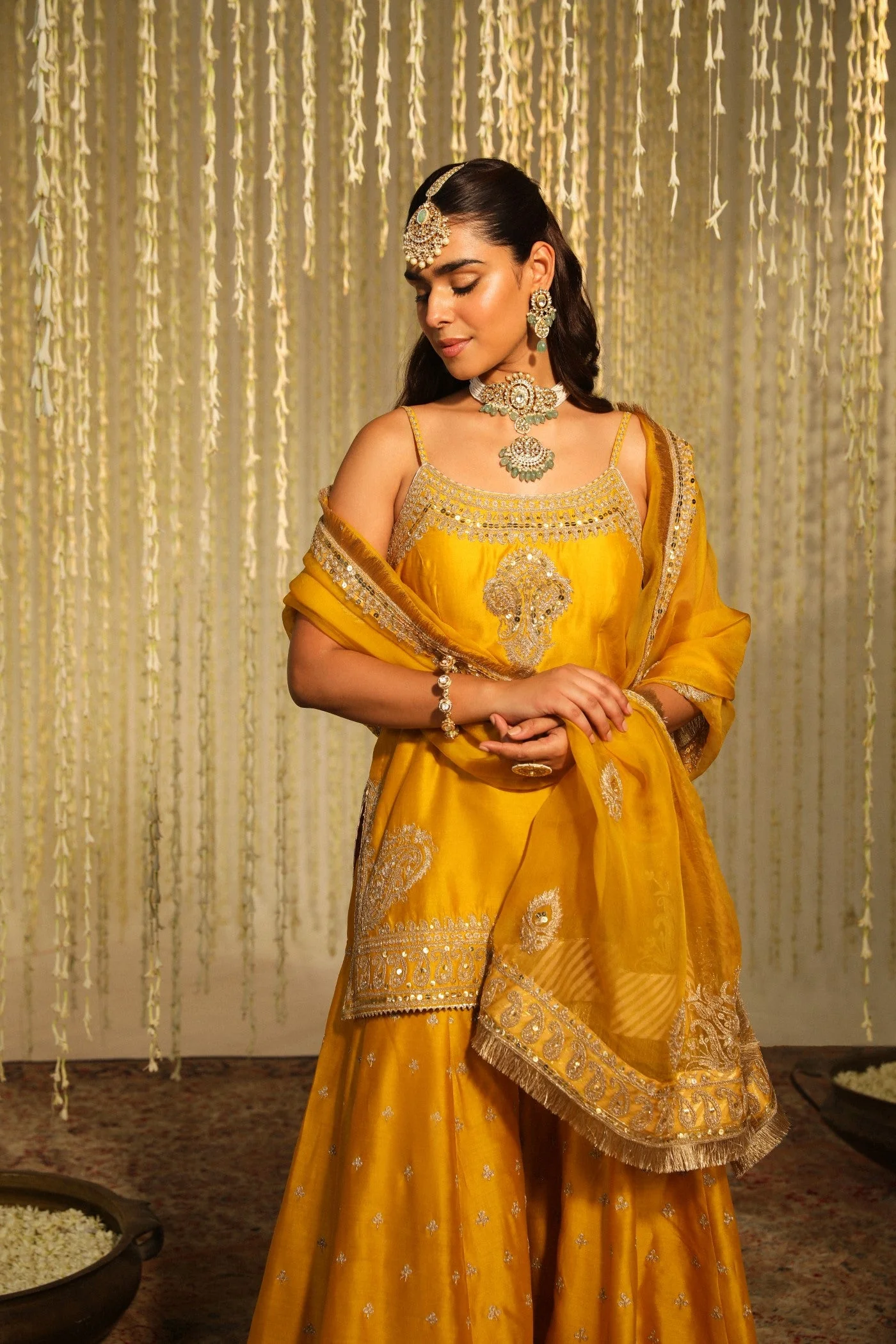 AABROO - GLAZE MUSTARD SHORT KURTA WITH SHARARA AND DUPATTA (LXRTS) - Image 3