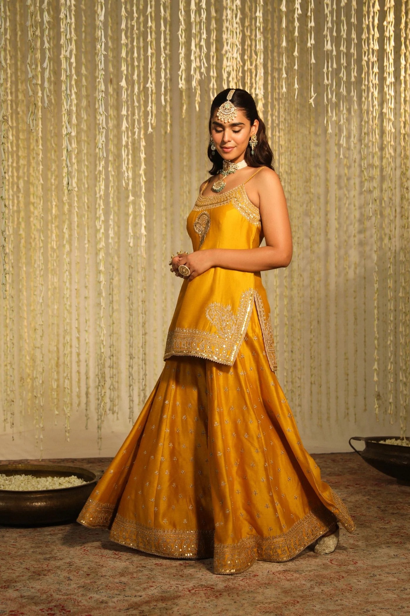 AABROO - GLAZE MUSTARD SHORT KURTA WITH SHARARA AND DUPATTA (LXRTS) - Image 4