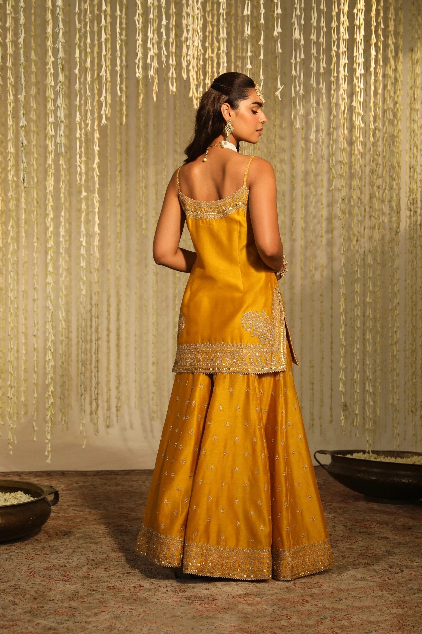 AABROO - GLAZE MUSTARD SHORT KURTA WITH SHARARA AND DUPATTA (LXRTS) - Image 5