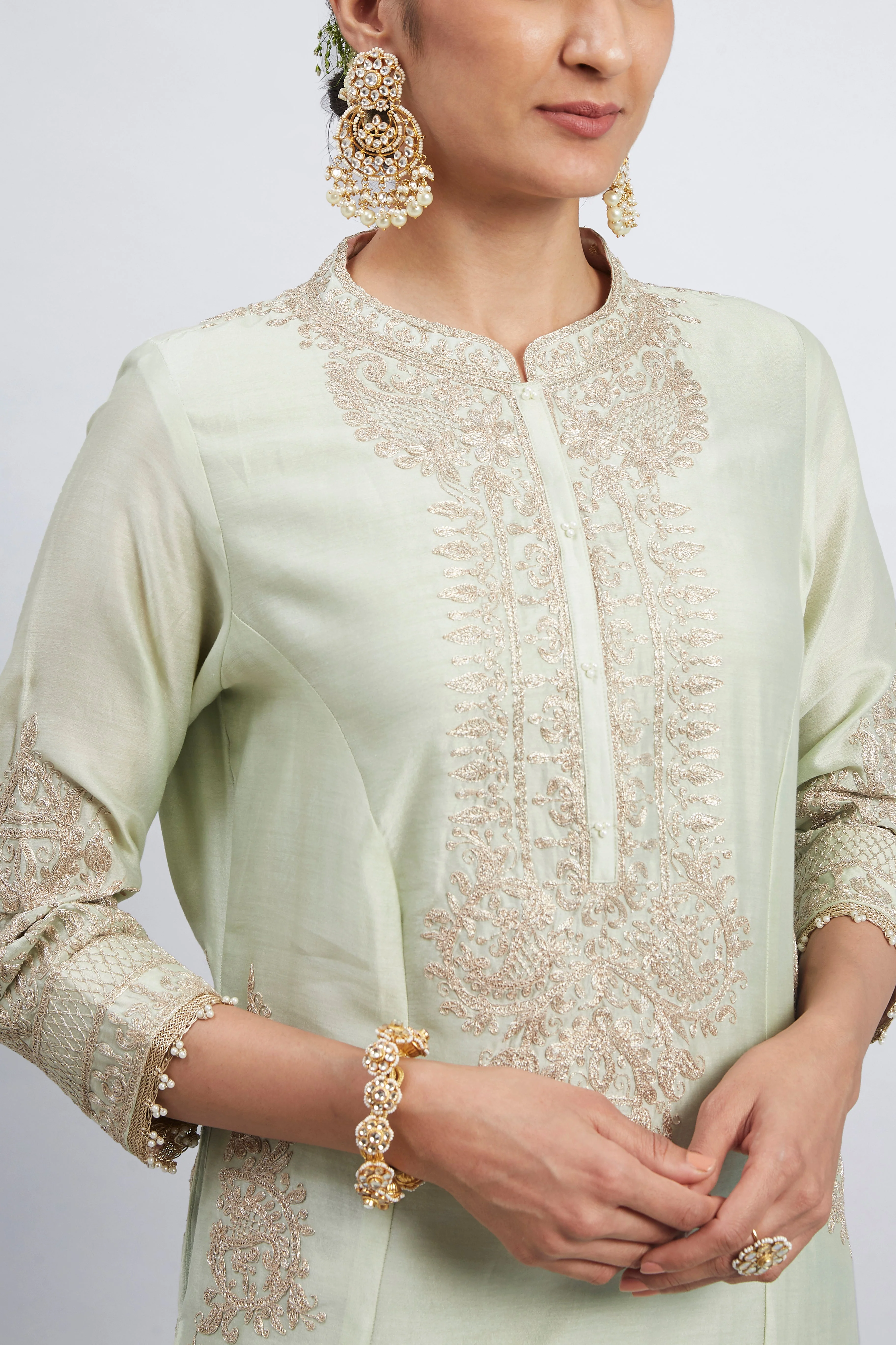 Aadah- Mint Green Embroidered Princess-Cut Kurta Set (Lxrts) - Image 3