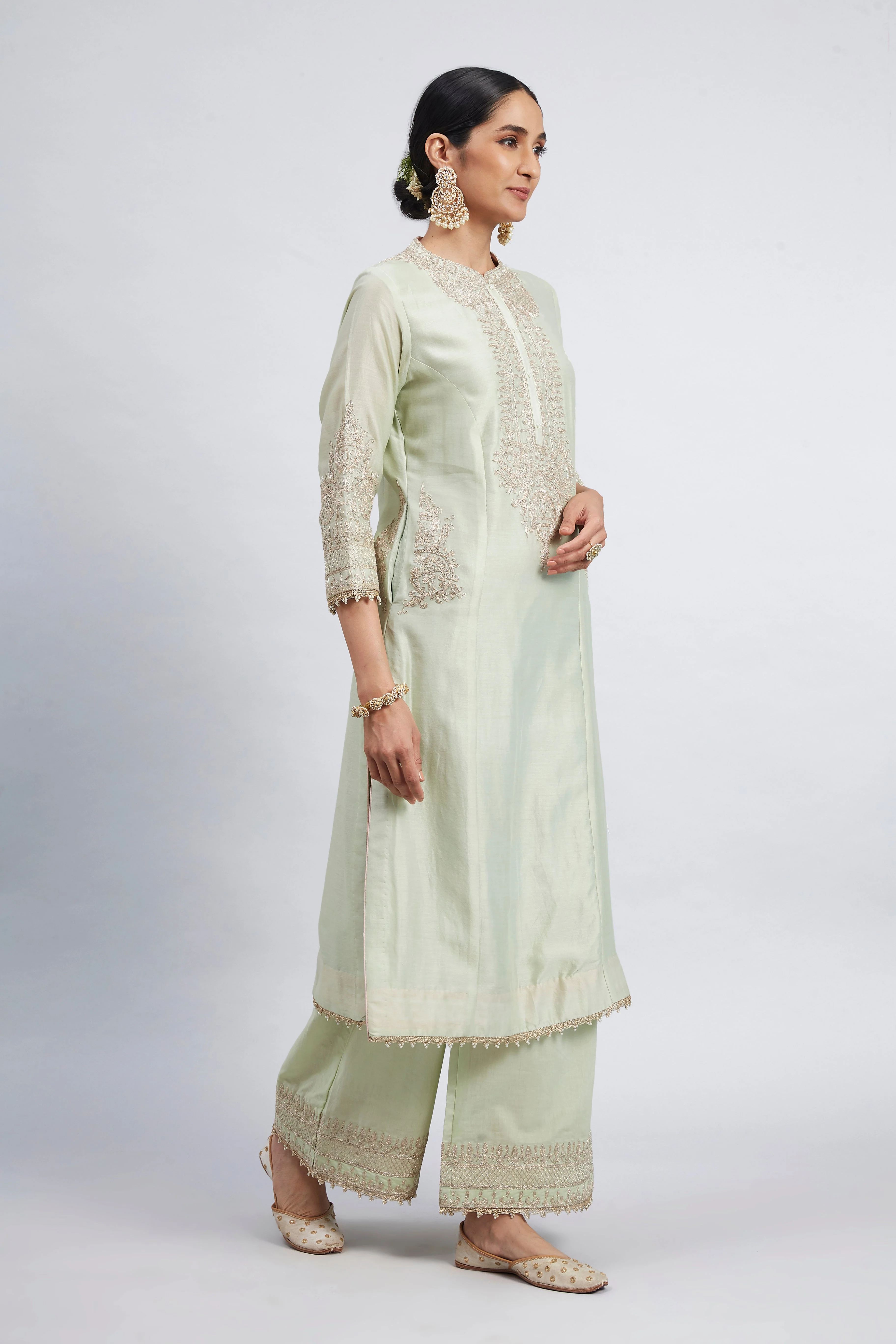 Aadah- Mint Green Embroidered Princess-Cut Kurta Set (Lxrts) - Image 4