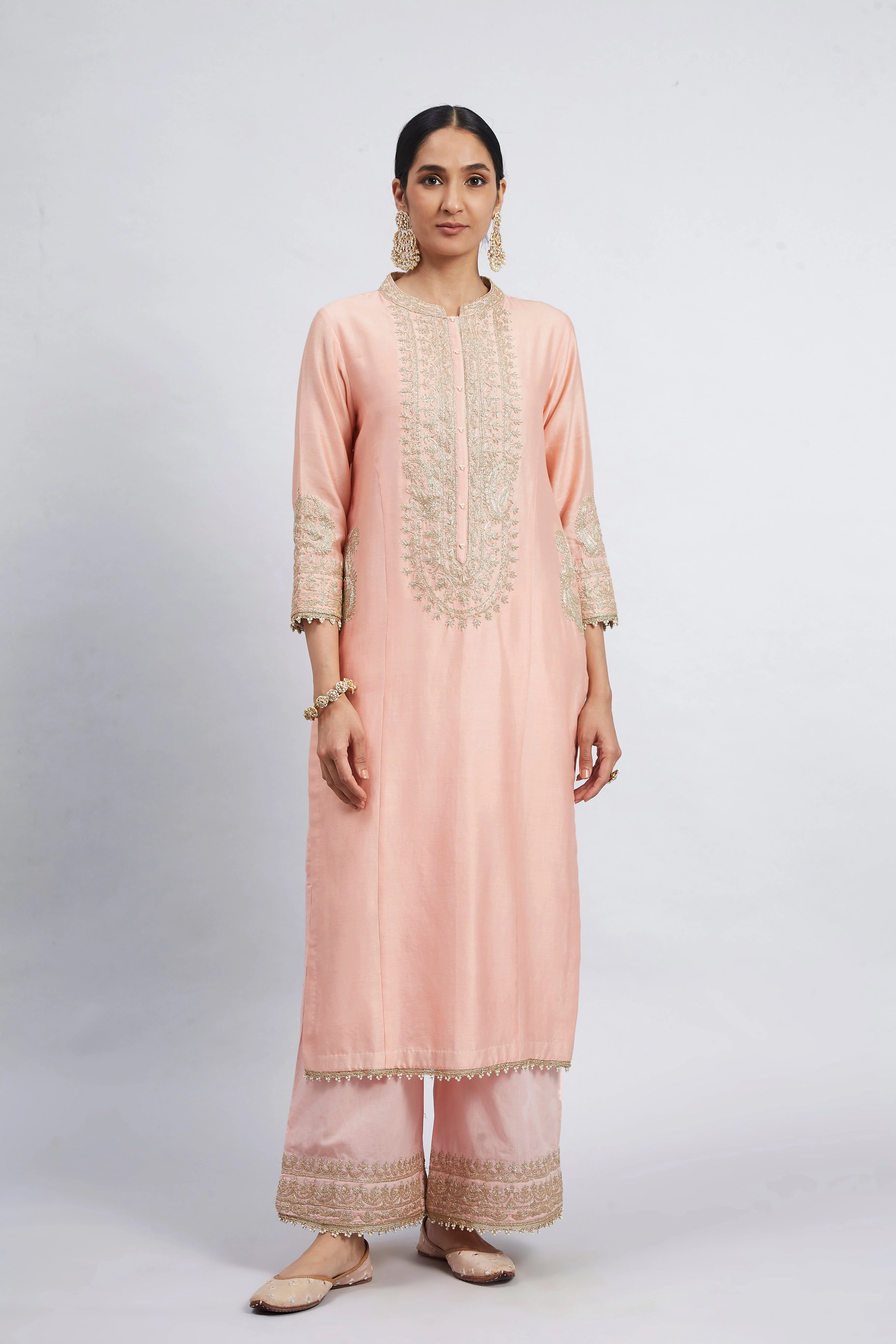 Aadirah- Carnation Pink Embroidered Kurta Set With Side Pockets (Lxrts)