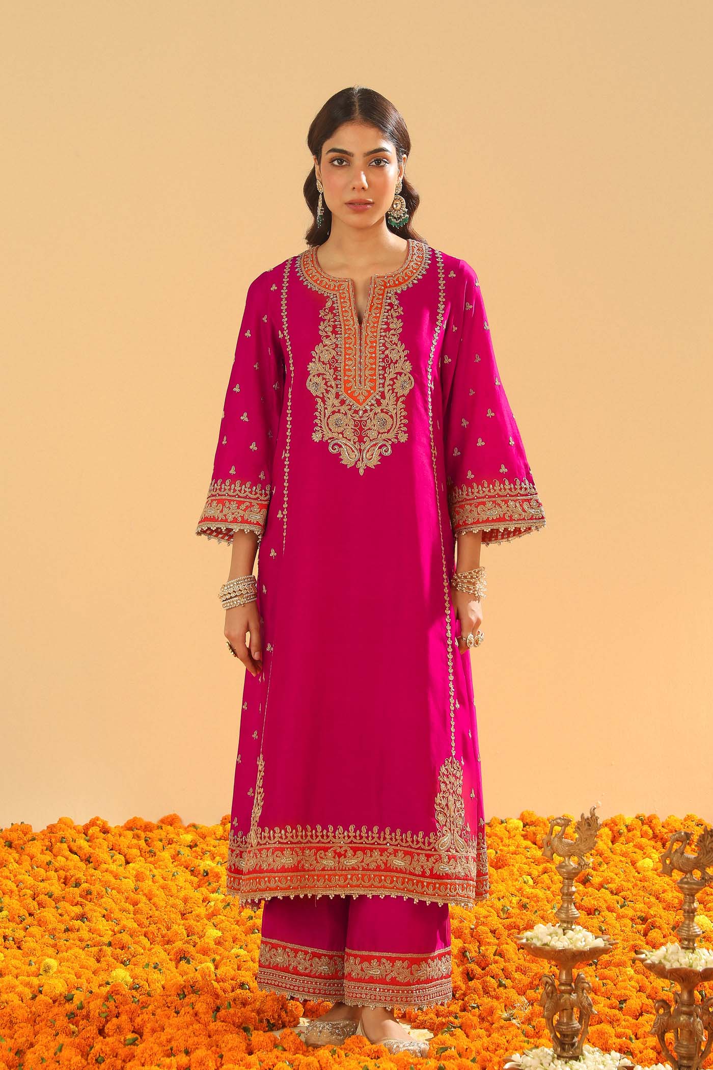 Aamish - Rani Hotpink Long A-line Kurta with Palazzo