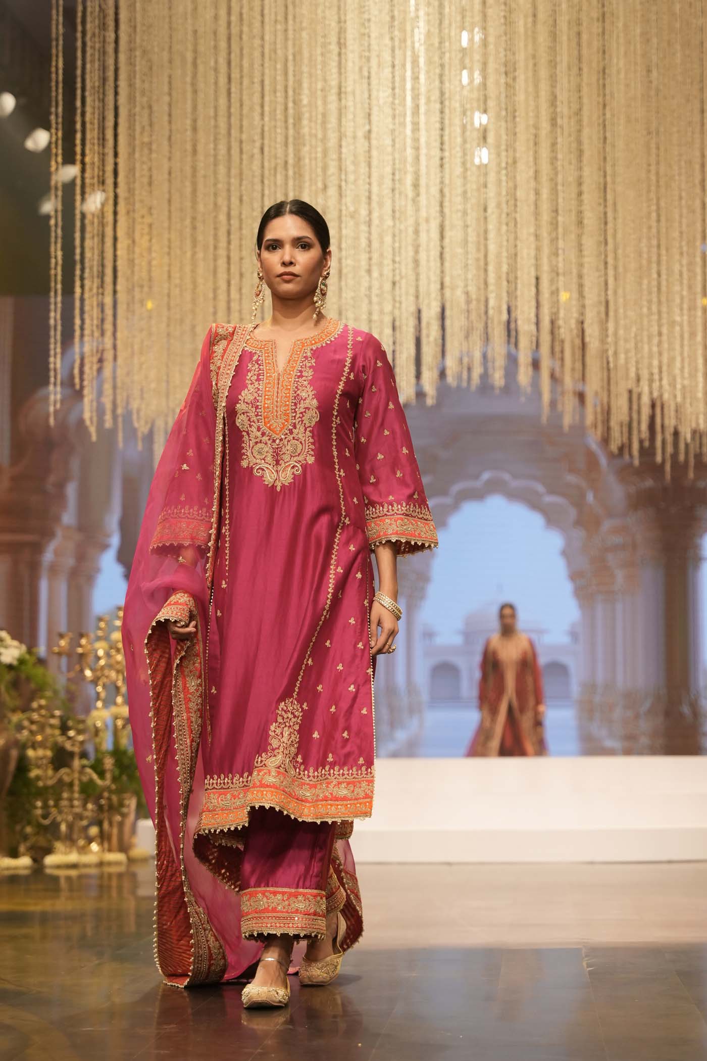 Aamish - Rani Hotpink Long A-line Kurta with Palazzo - Image 2
