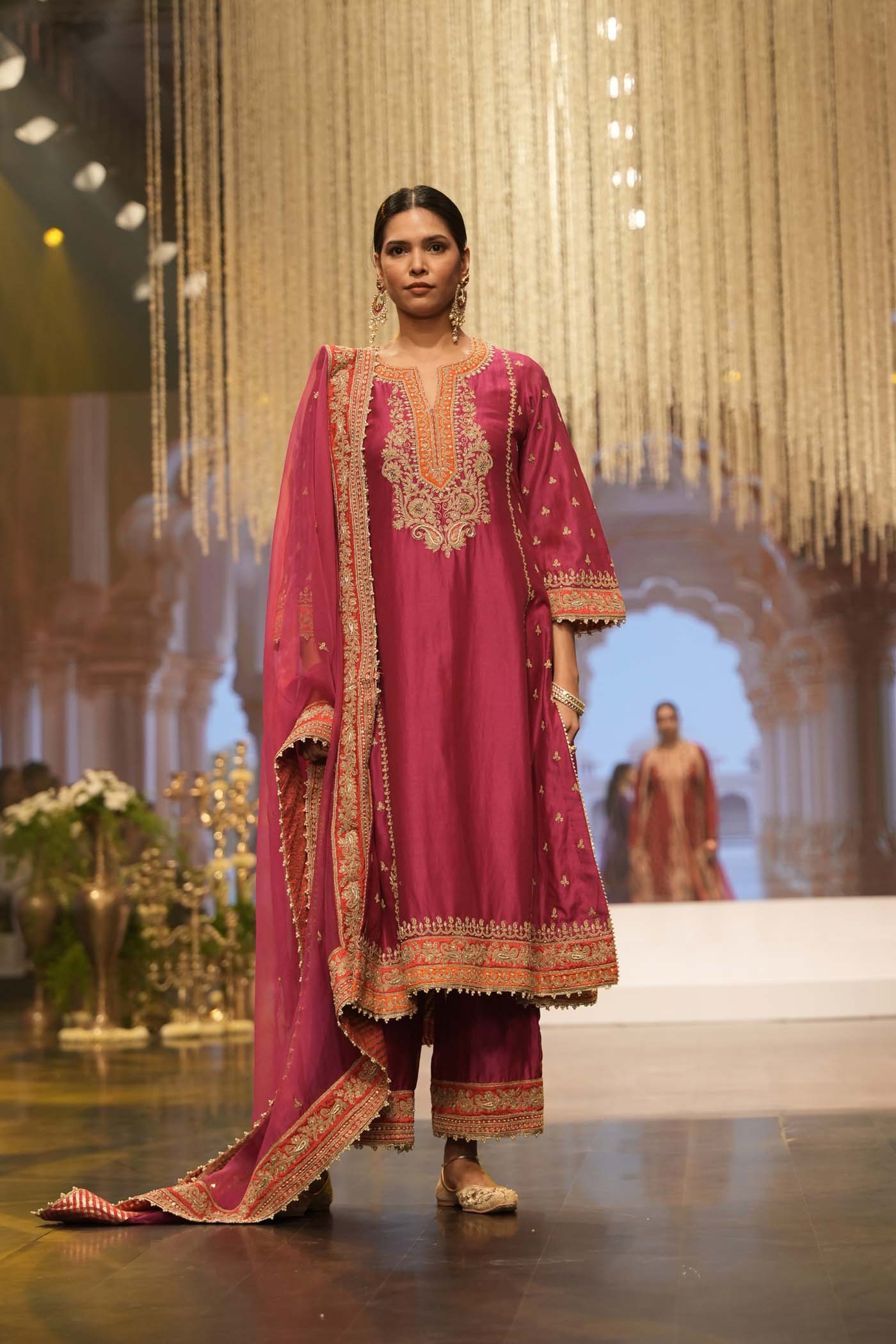 Aamish - Rani Hotpink Long A-line Kurta with Palazzo - Image 3