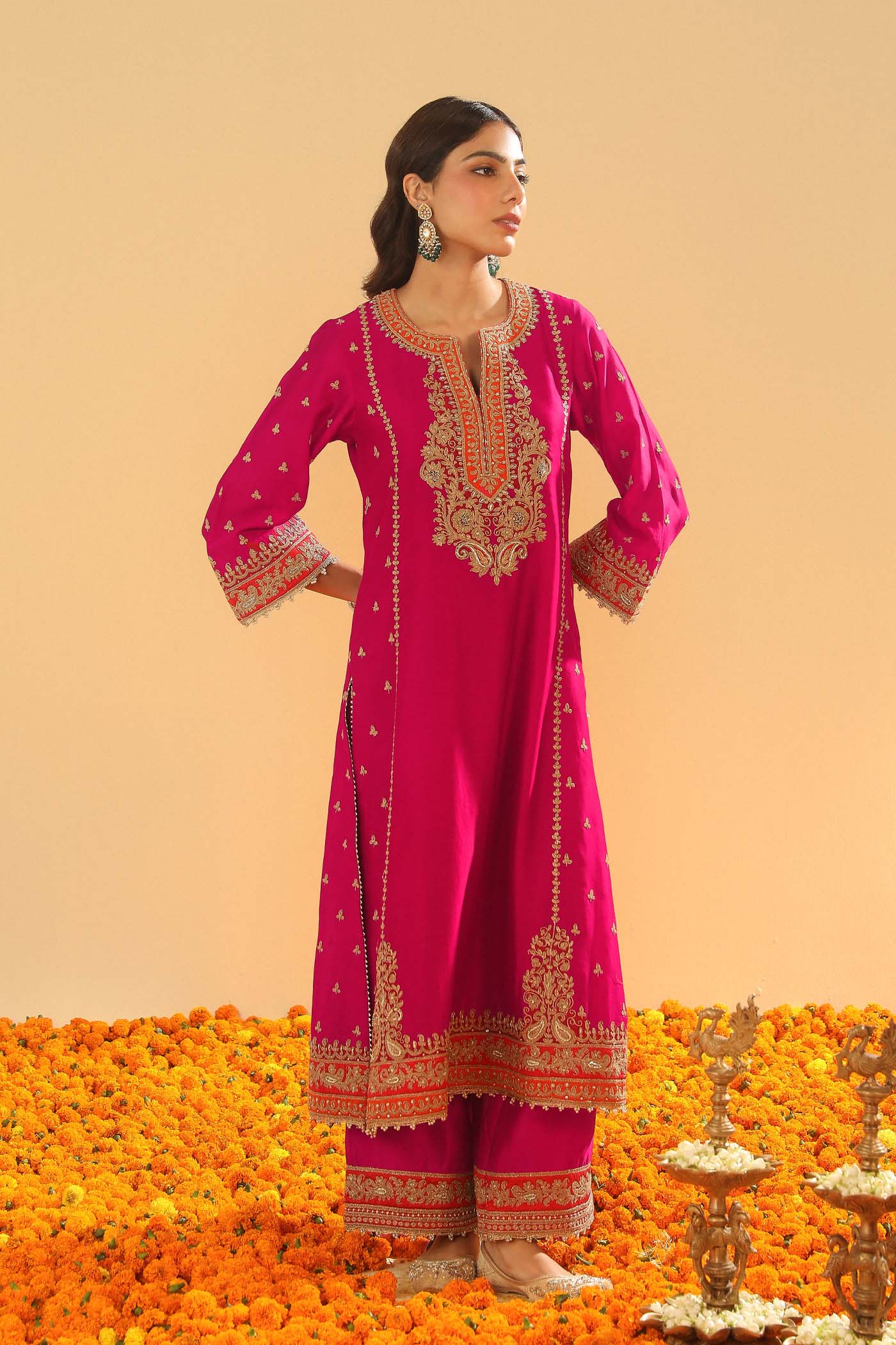 Aamish - Rani Hotpink Long A-line Kurta with Palazzo - Image 4