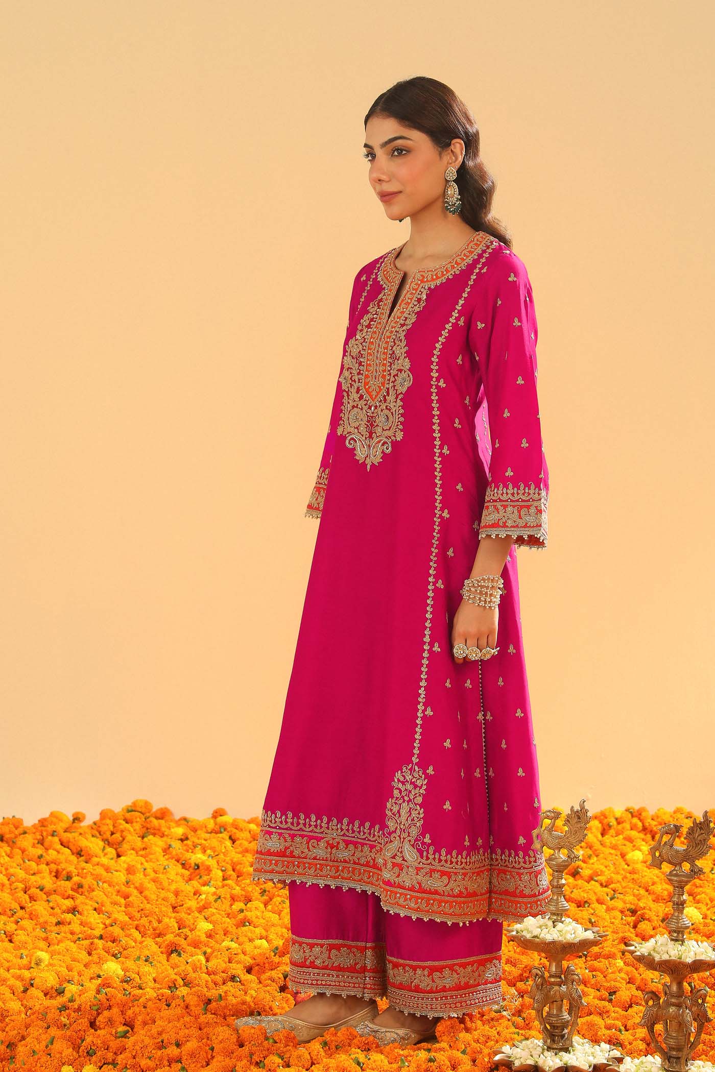 Aamish - Rani Hotpink Long A-line Kurta with Palazzo - Image 5
