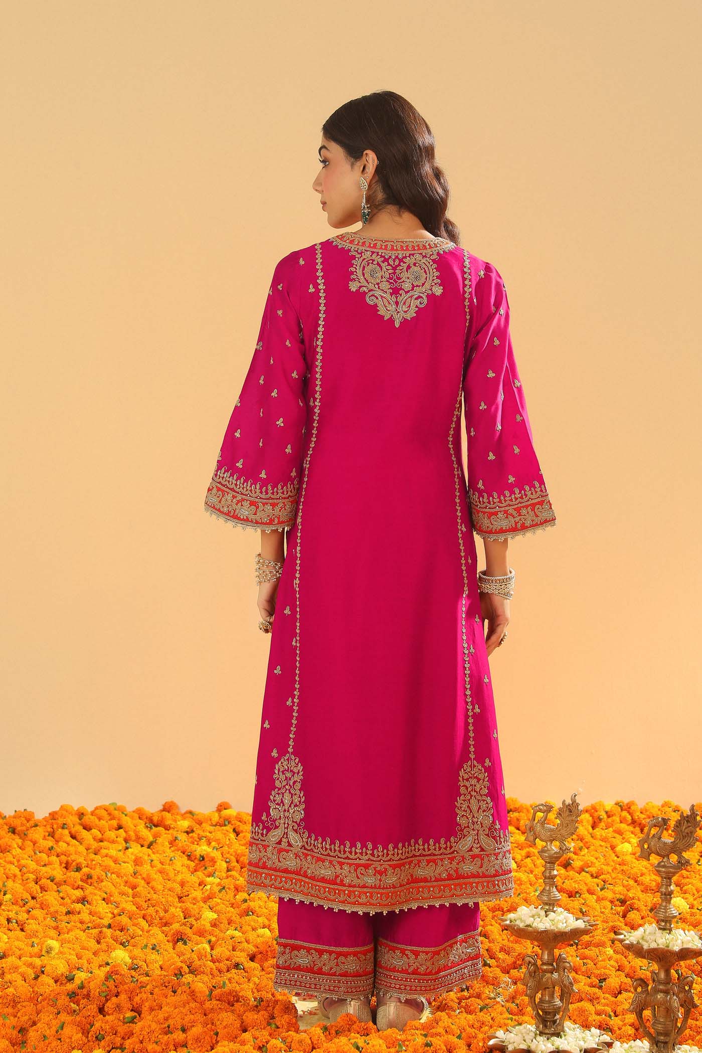Aamish - Rani Hotpink Long A-line Kurta with Palazzo - Image 6