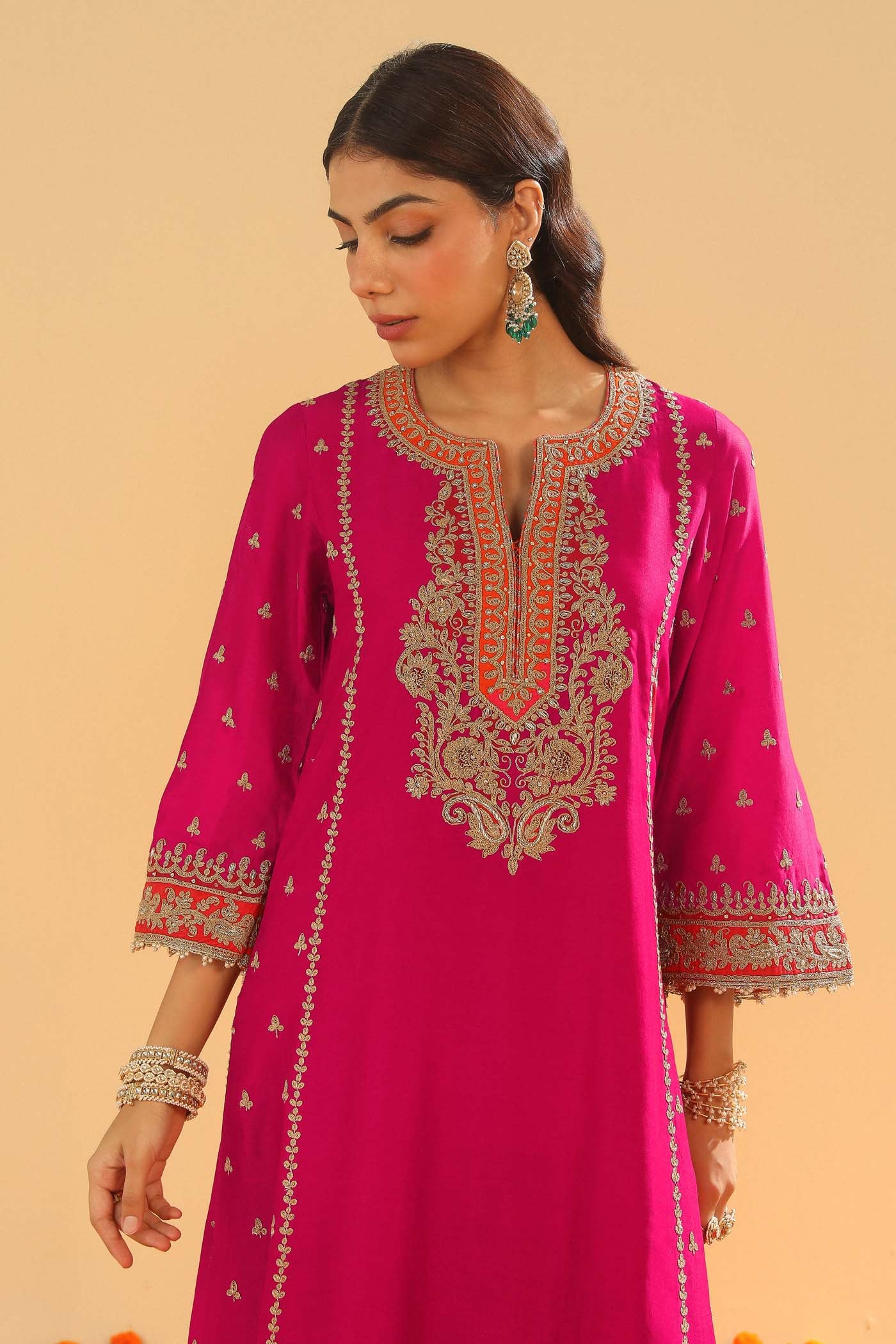 Aamish - Rani Hotpink Long A-line Kurta with Palazzo - Image 7