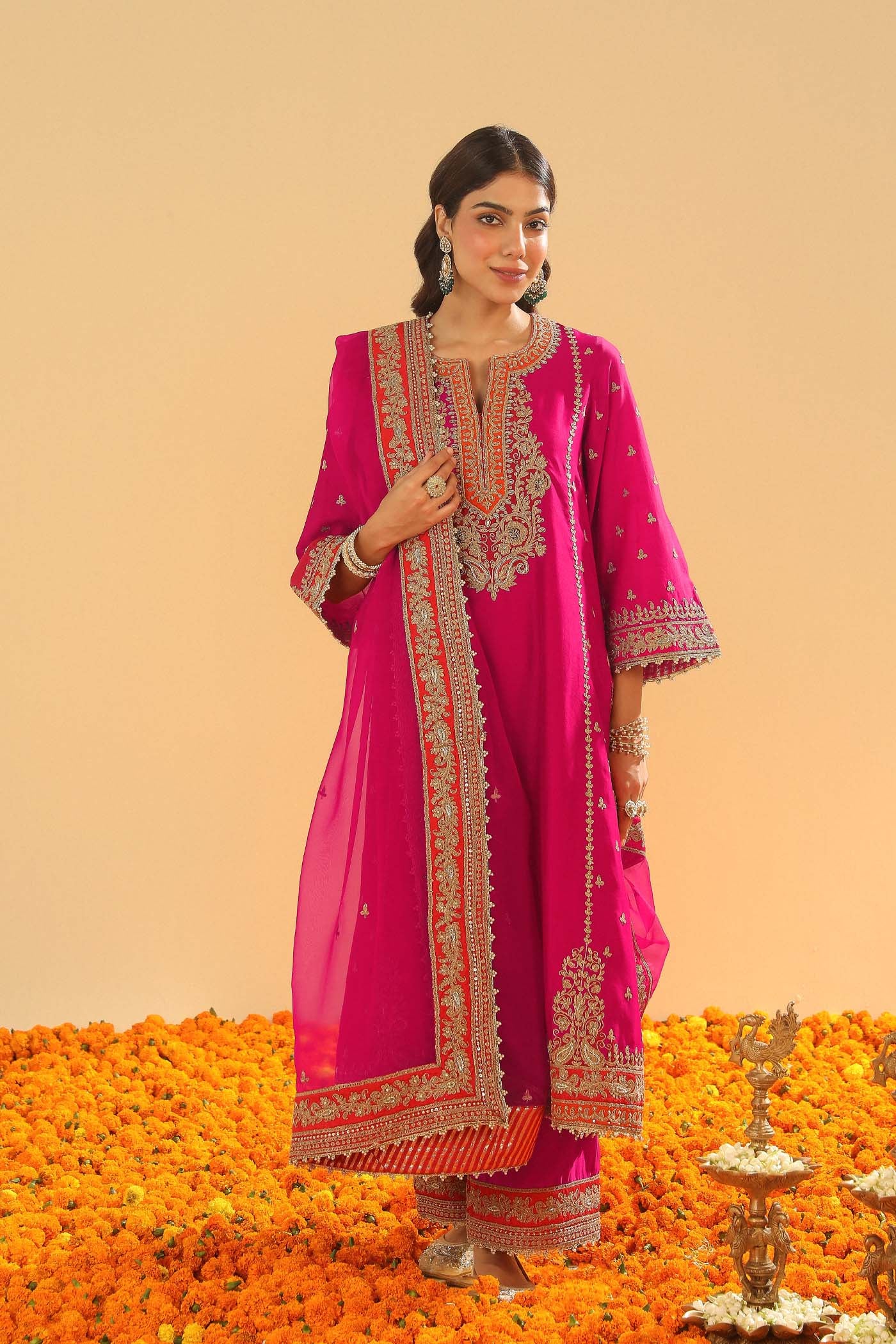Aamish - Rani Hotpink Long A-line Kurta with Palazzo - Image 9