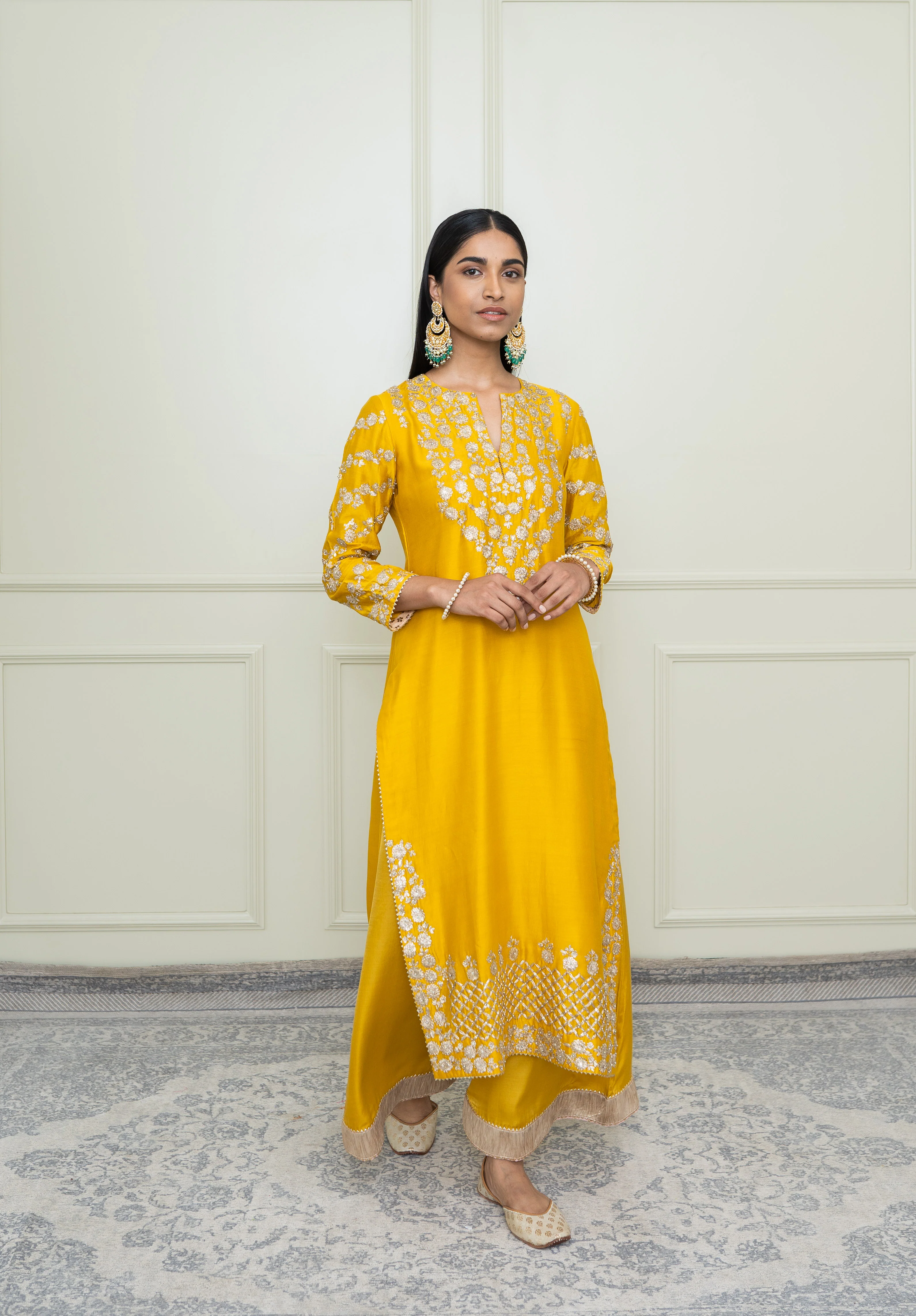 Aarvi- Glaze Mustard Tilla Embroidered Kurta Set - Image 2