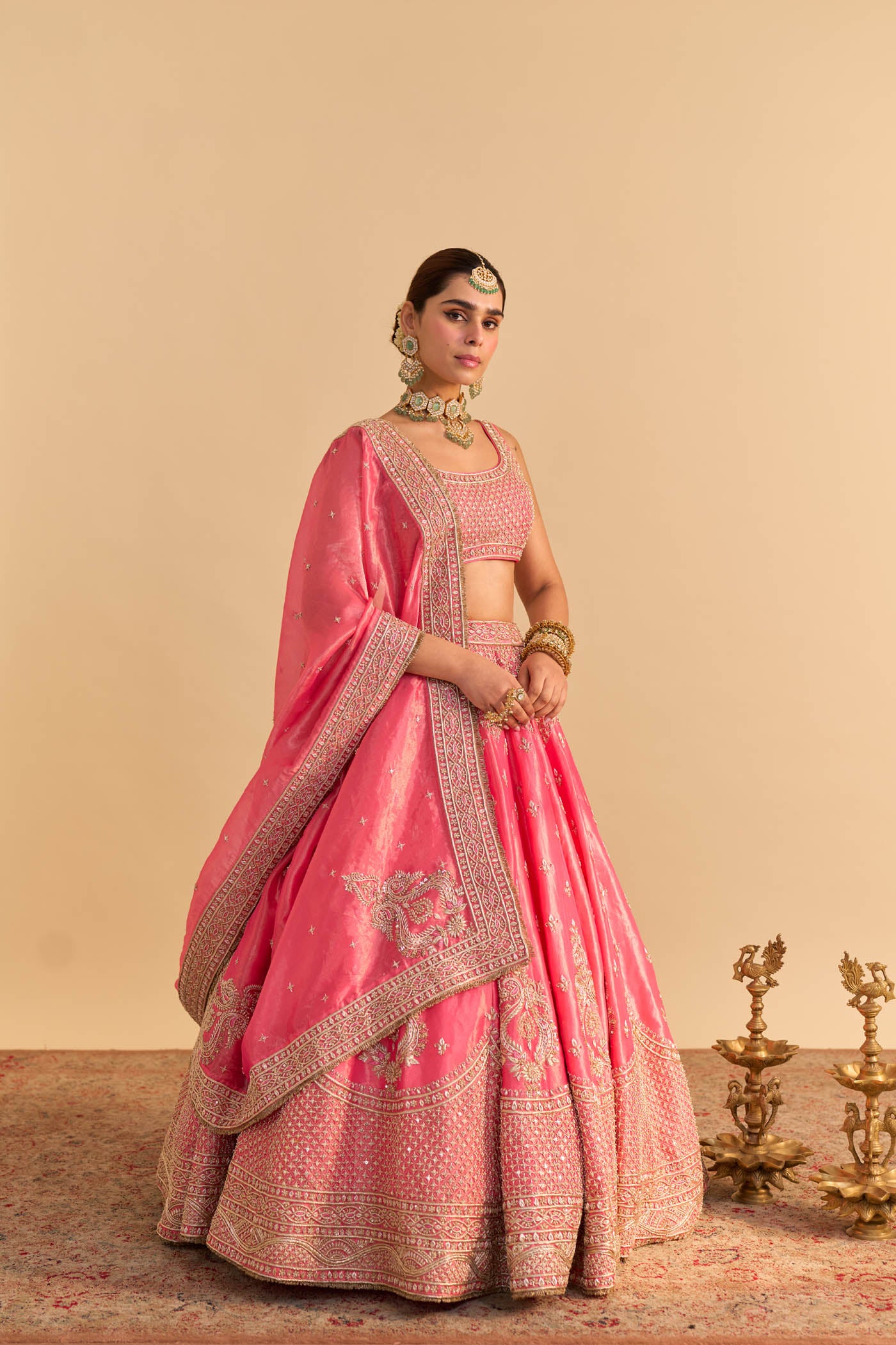 Aashina  - Dabka Zardozi Embroidered Pure Tissue Carrot Pink Lehenga Set - Image 2