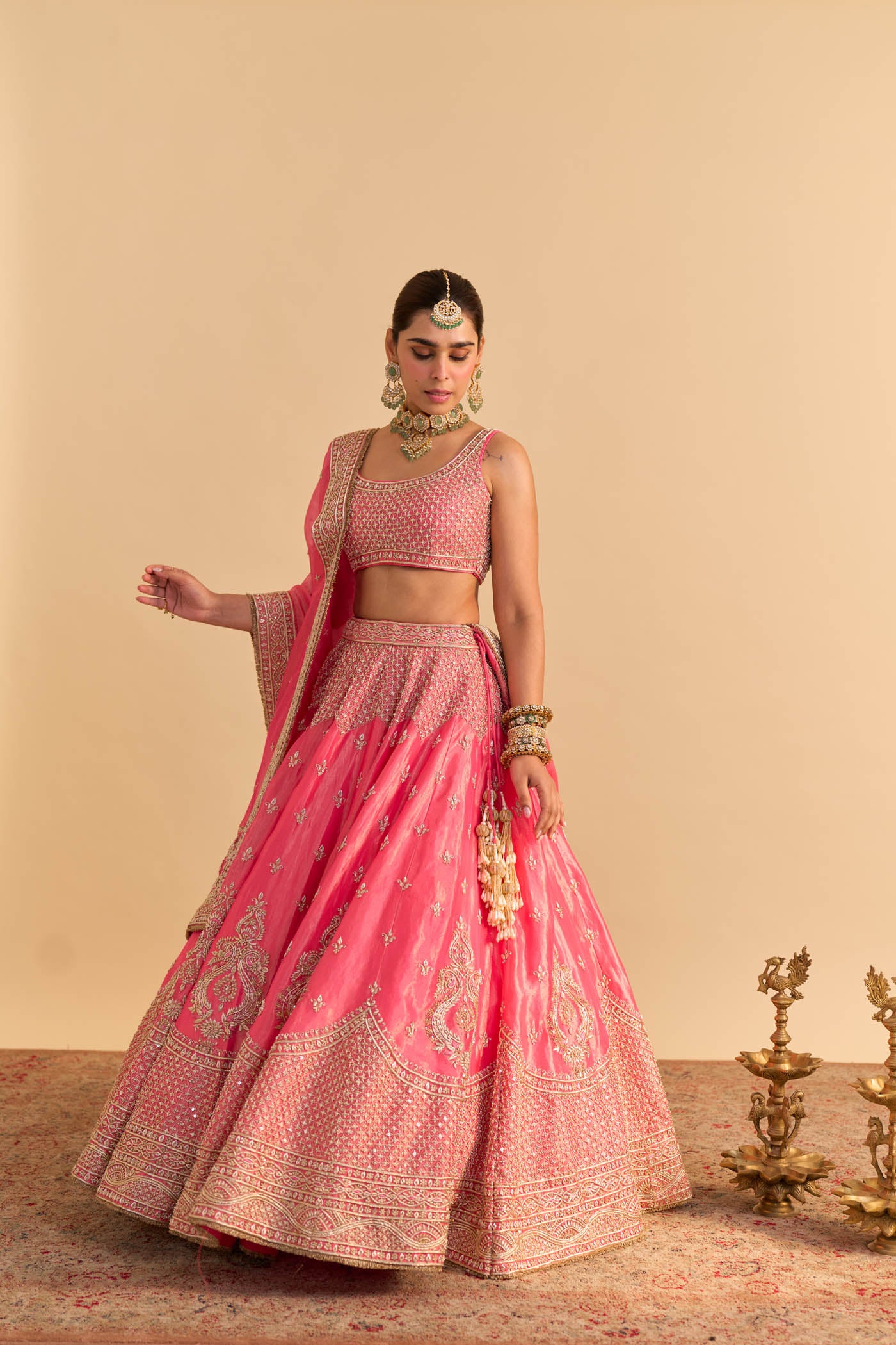Aashina  - Dabka Zardozi Embroidered Pure Tissue Carrot Pink Lehenga Set - Image 3