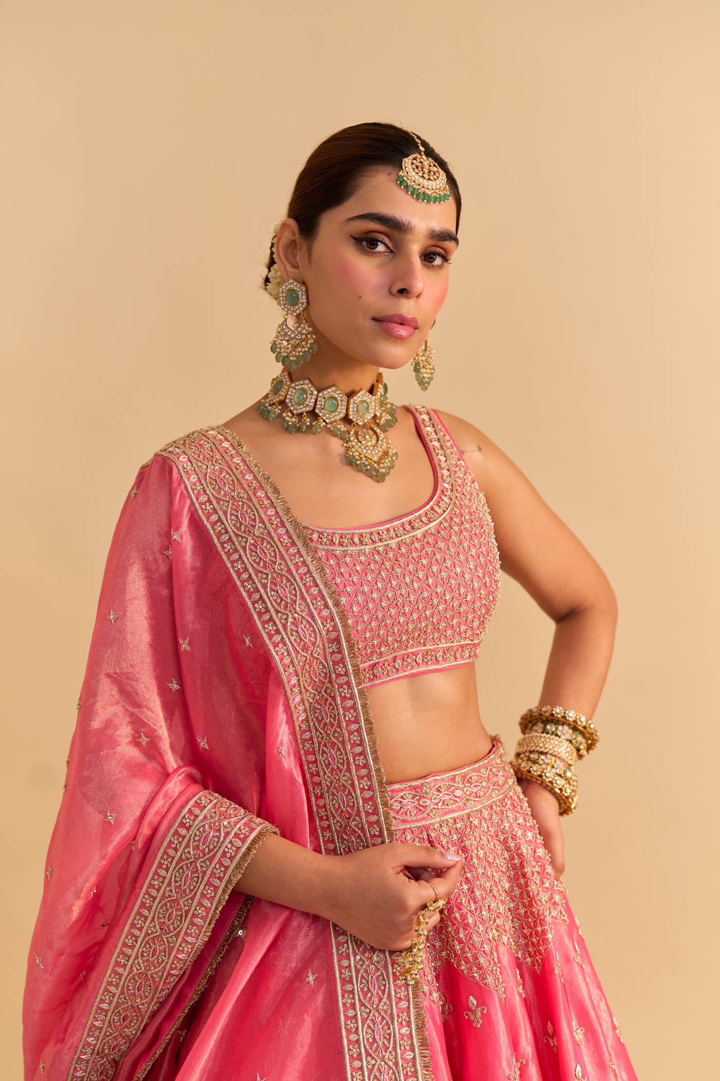 Aashina  - Dabka Zardozi Embroidered Pure Tissue Carrot Pink Lehenga Set - Image 4