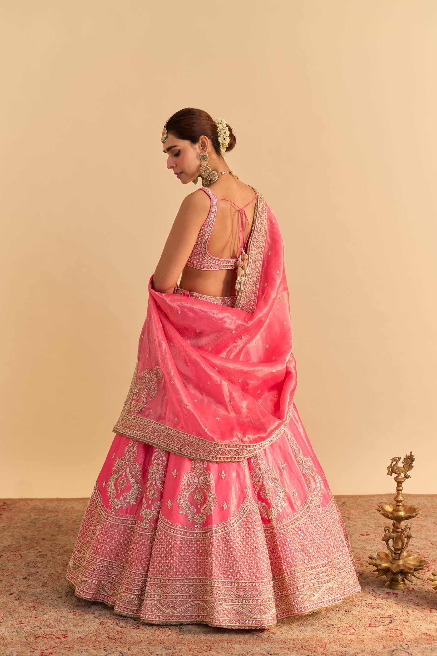 Aashina  - Dabka Zardozi Embroidered Pure Tissue Carrot Pink Lehenga Set - Image 5