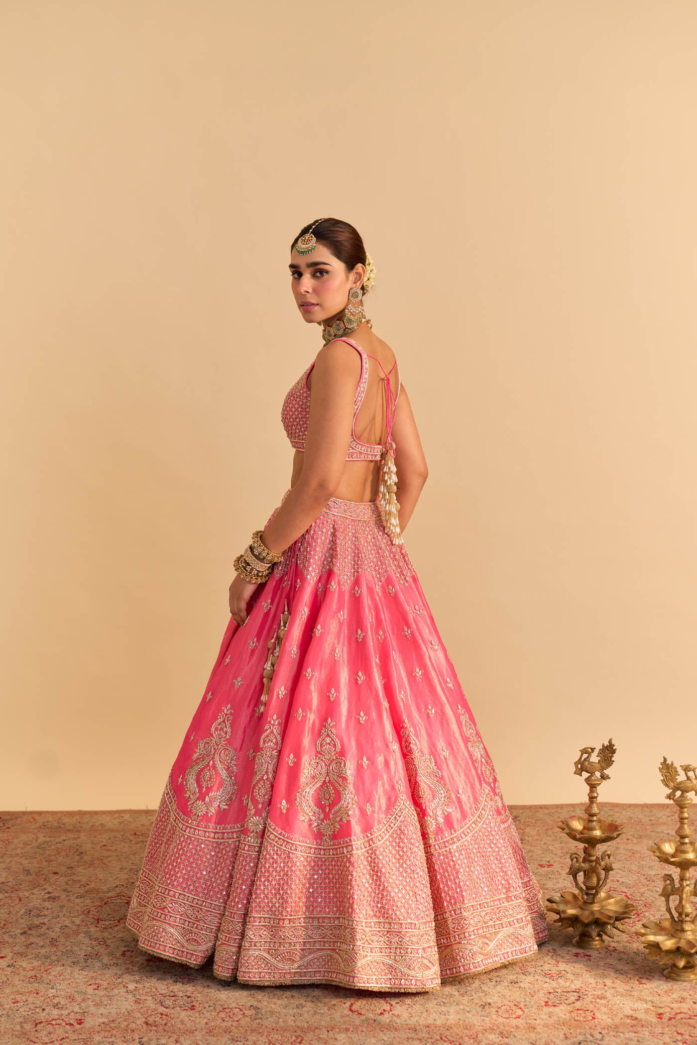 Aashina  - Dabka Zardozi Embroidered Pure Tissue Carrot Pink Lehenga Set - Image 6