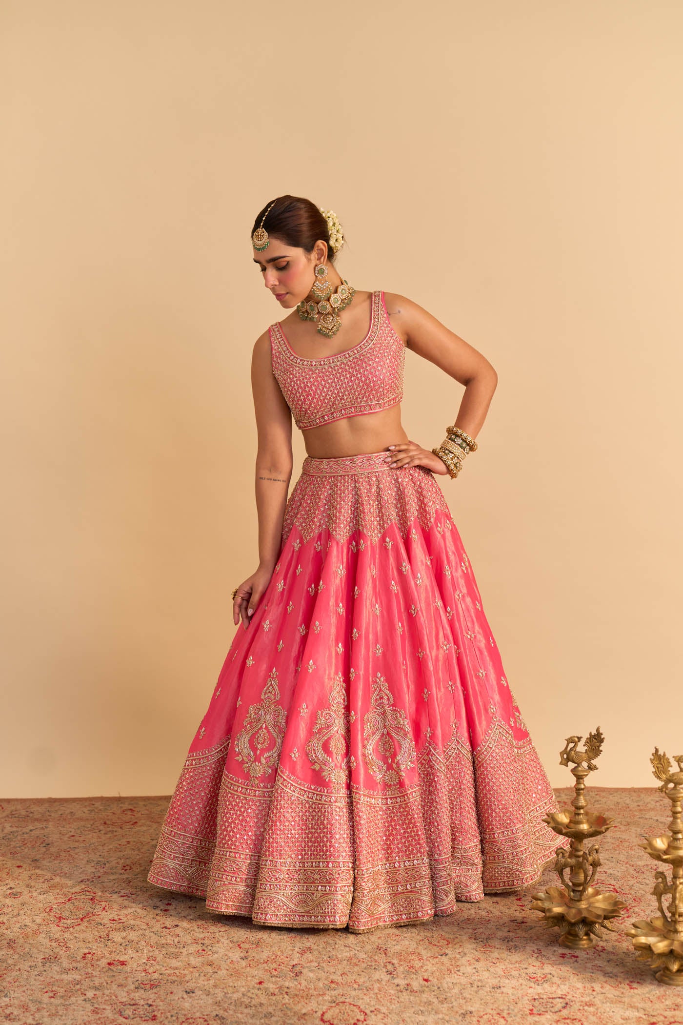 Aashina  - Dabka Zardozi Embroidered Pure Tissue Carrot Pink Lehenga Set - Image 7