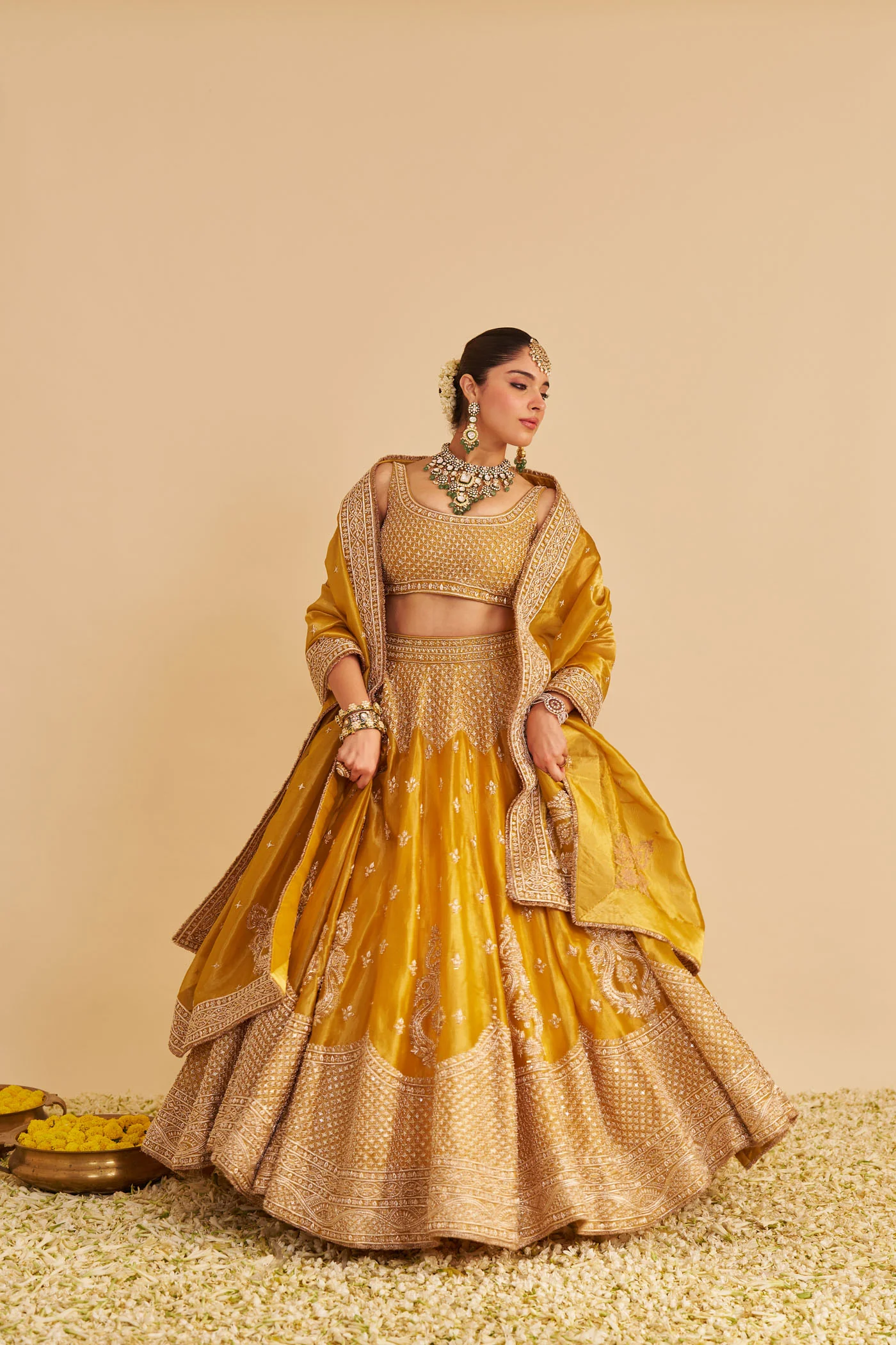 Aashina  - Dabka Zardozi Embroidered Pure Tissue Mustard Gold Lehenga Set - Image 4