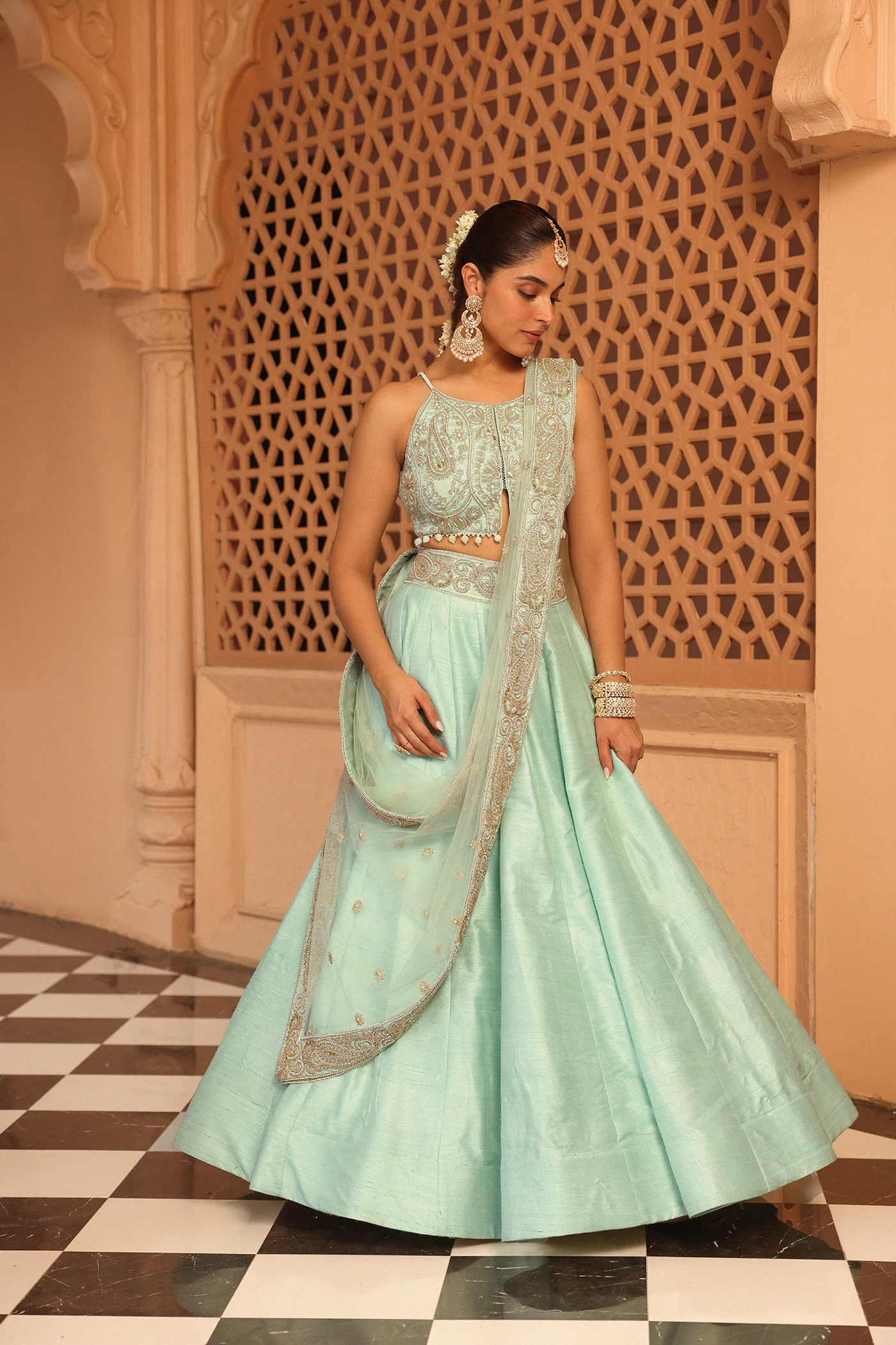 Afsa - Misty Green Lehenga with Blouse and Dupatta - Image 2