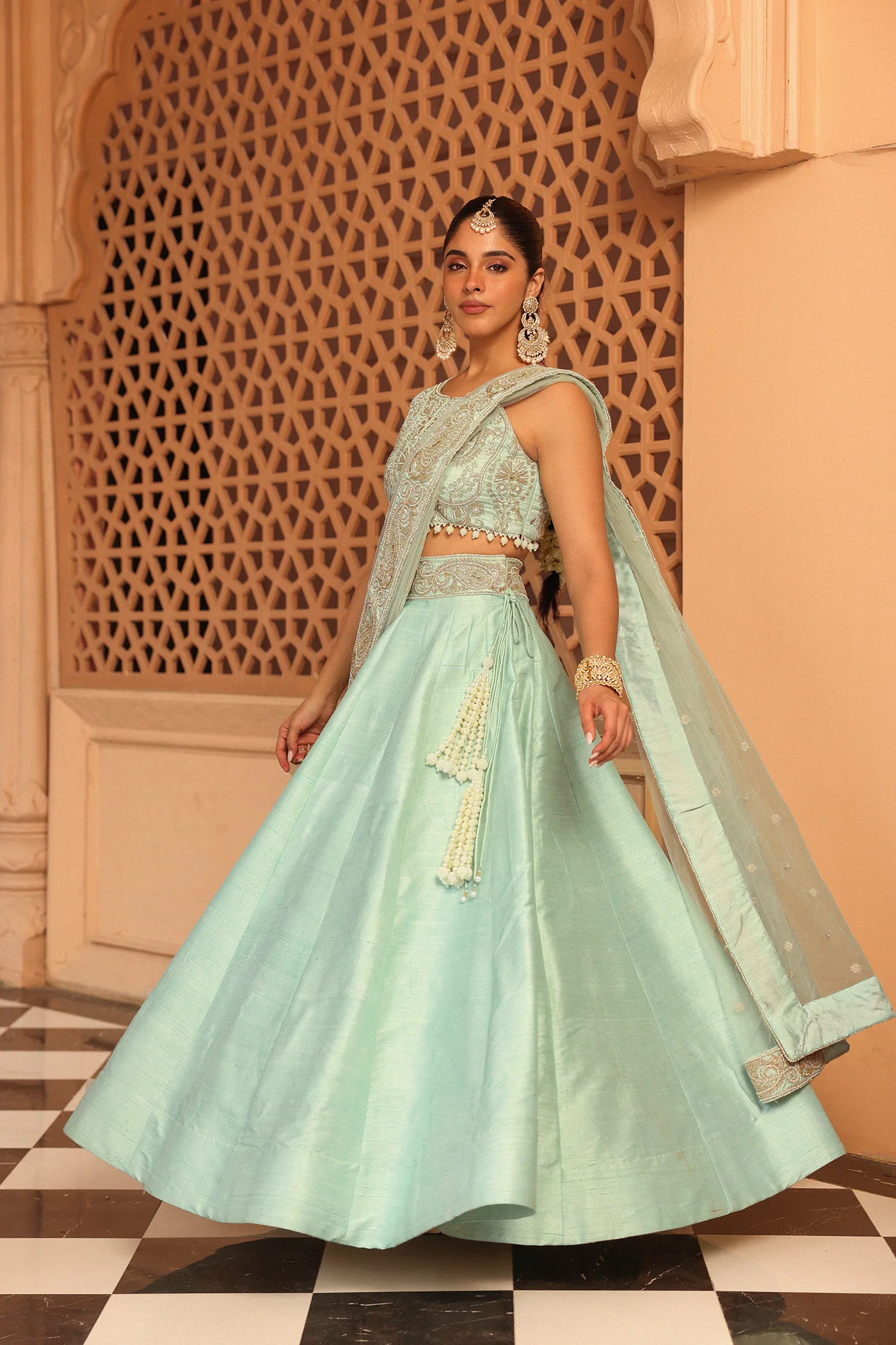 Afsa - Misty Green Lehenga with Blouse and Dupatta - Image 3