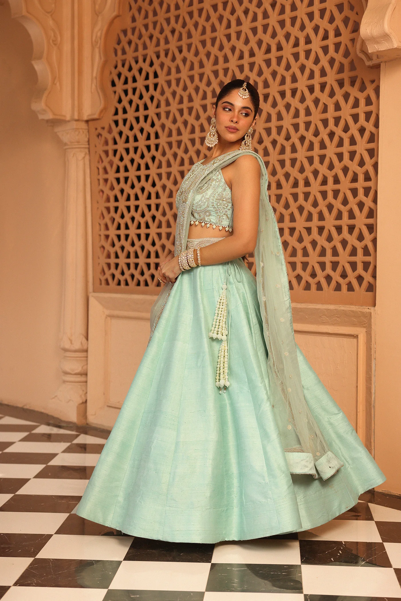 Afsa - Misty Green Lehenga with Blouse and Dupatta - Image 4