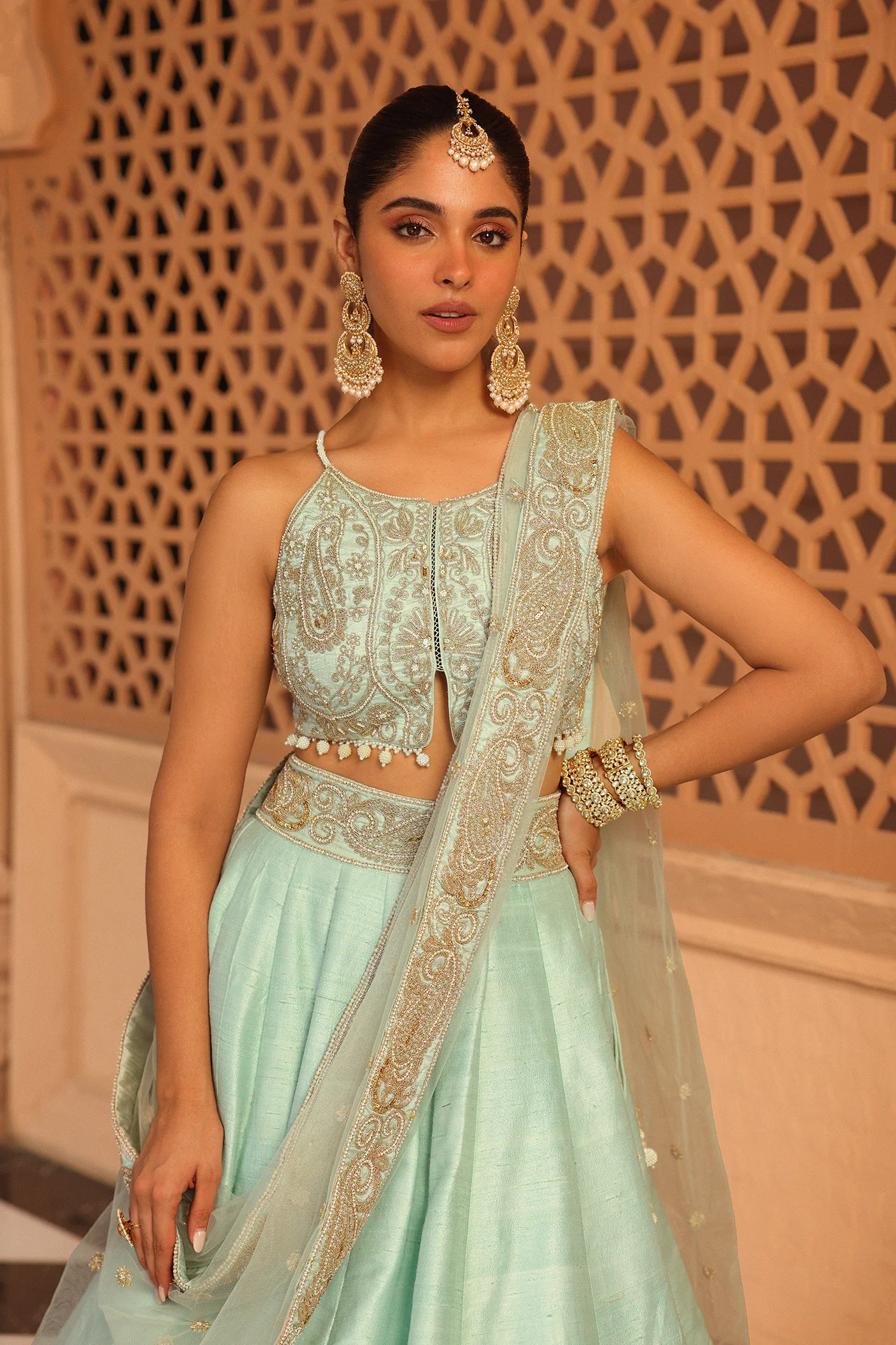 Afsa - Misty Green Lehenga with Blouse and Dupatta - Image 5