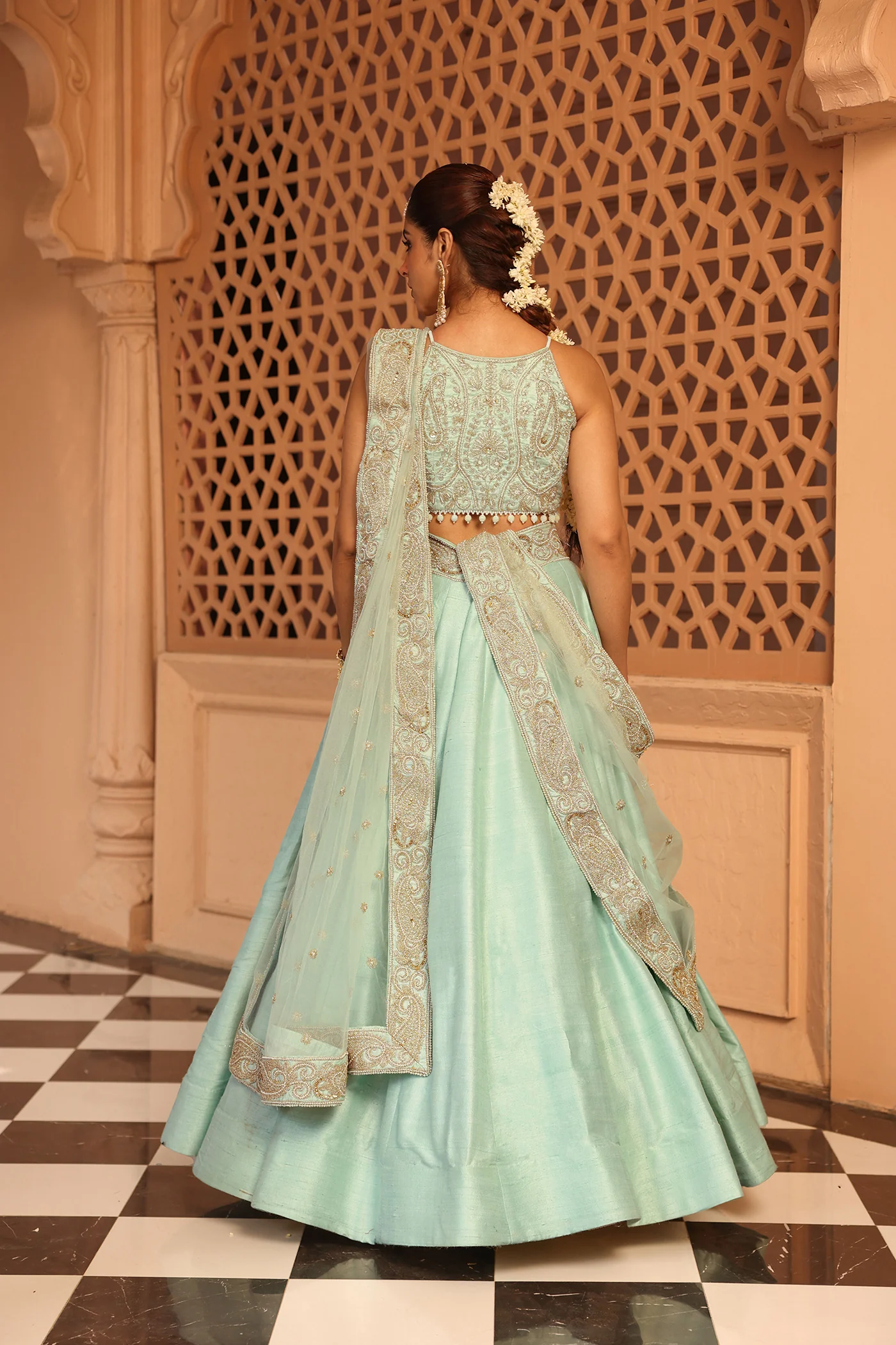 Afsa - Misty Green Lehenga with Blouse and Dupatta - Image 6
