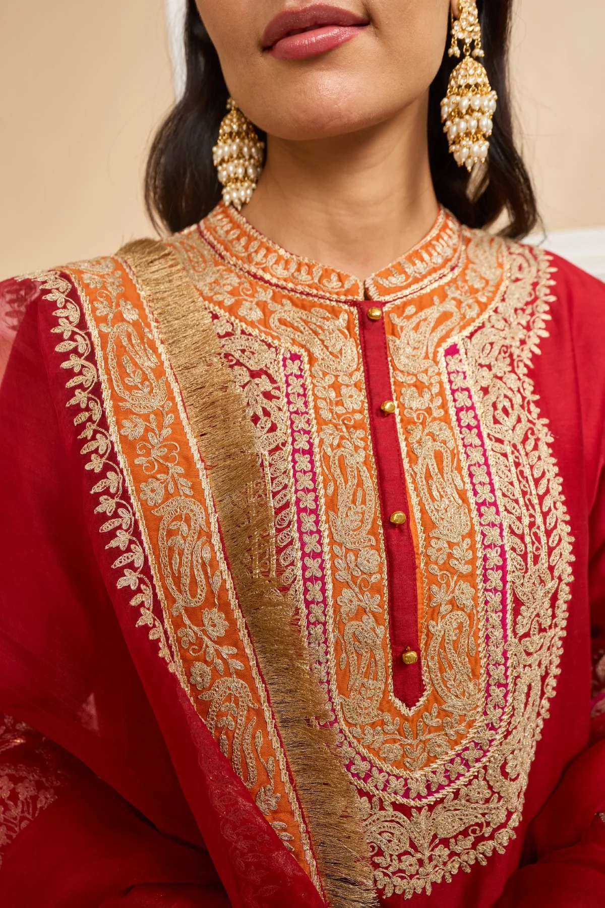 AFSAANA - DEEP RED SHORT KURTA WITH SALWAR AND DUPATTA - Image 6