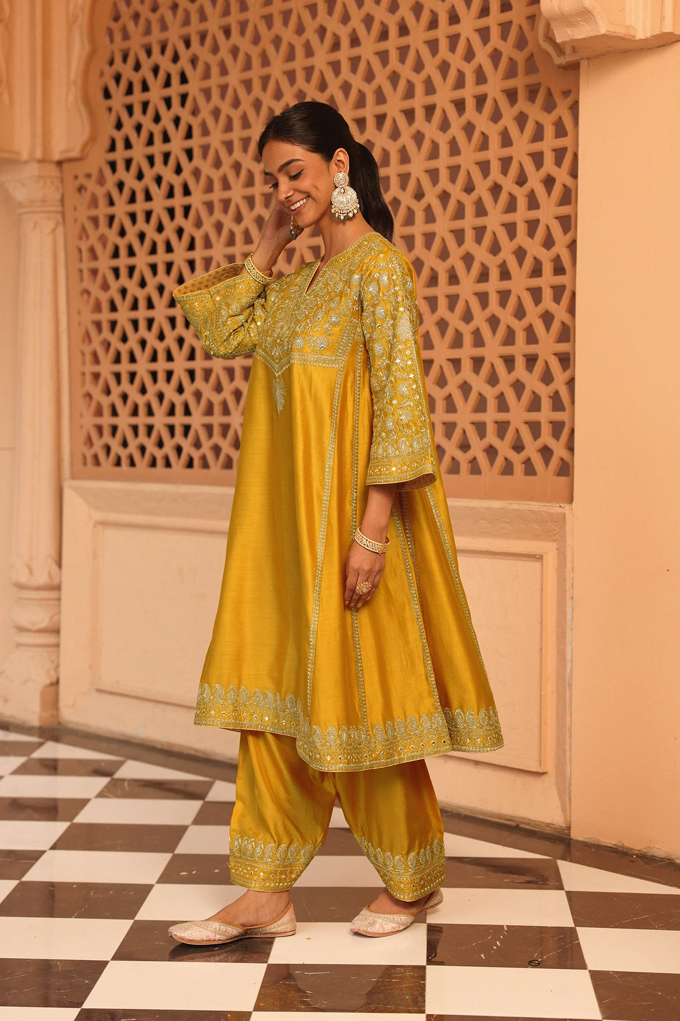 Aiman - Heirloom Mustard Short Knee Length Choga with Salwar - Image 2
