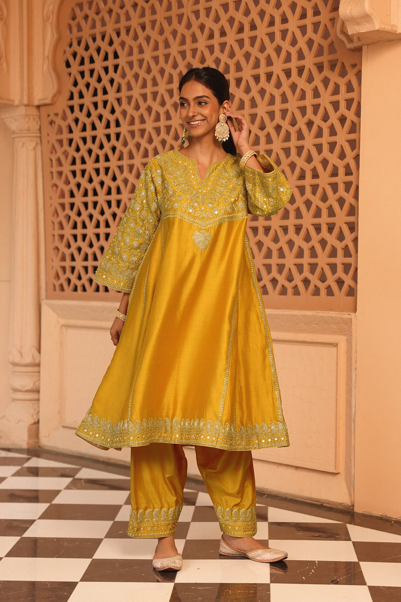 Aiman - Heirloom Mustard Short Knee Length Choga with Salwar - Image 3