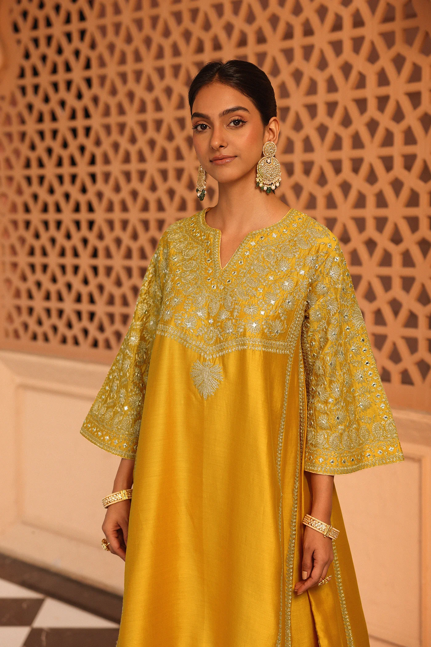Aiman - Heirloom Mustard Short Knee Length Choga with Salwar - Image 4