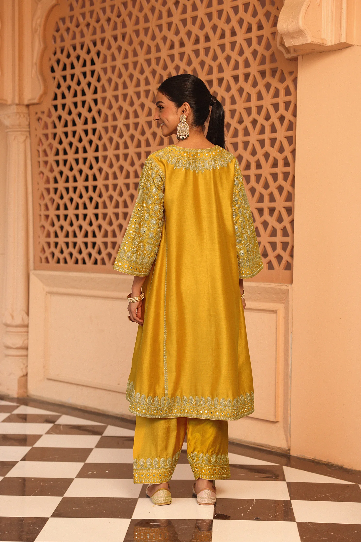 Aiman - Heirloom Mustard Short Knee Length Choga with Salwar - Image 5