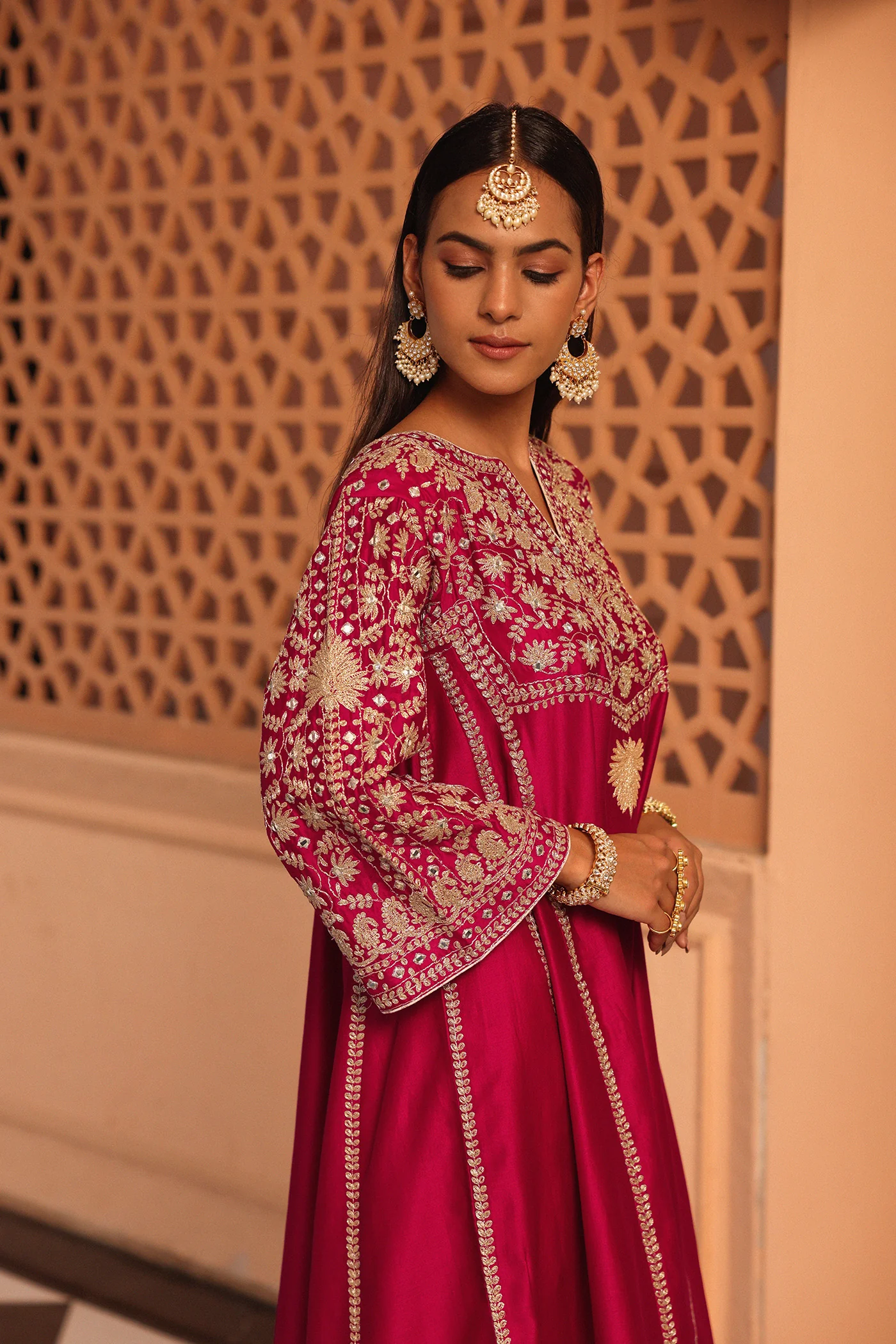 Aiman - Rani Hotpink Short Knee Length Choga with Salwar and Khada Dupatta - Image 3