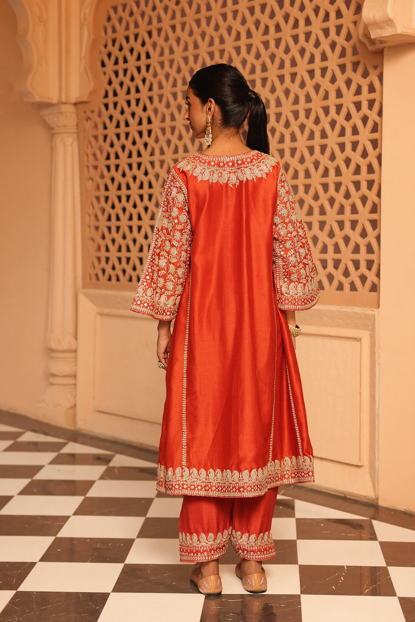 Simran Rajpal In Aiman - Burnt Orange Short Knee Length Choga with Salwar and Odhni - Image 6