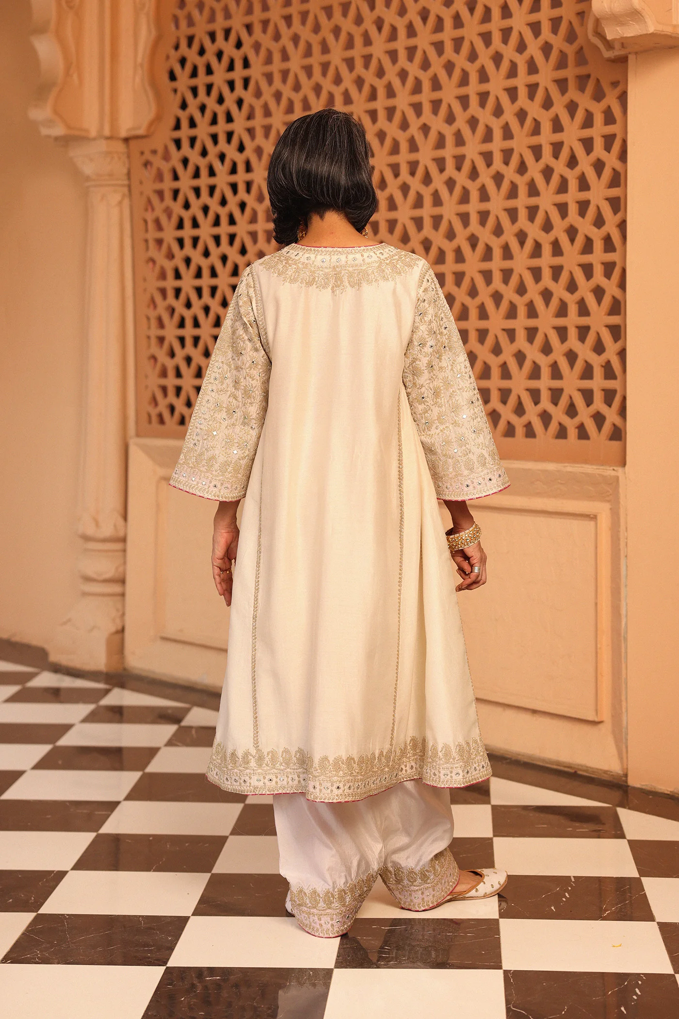 Aiman - Daisy Ivory Short Knee Length Choga with Salwar - Image 4