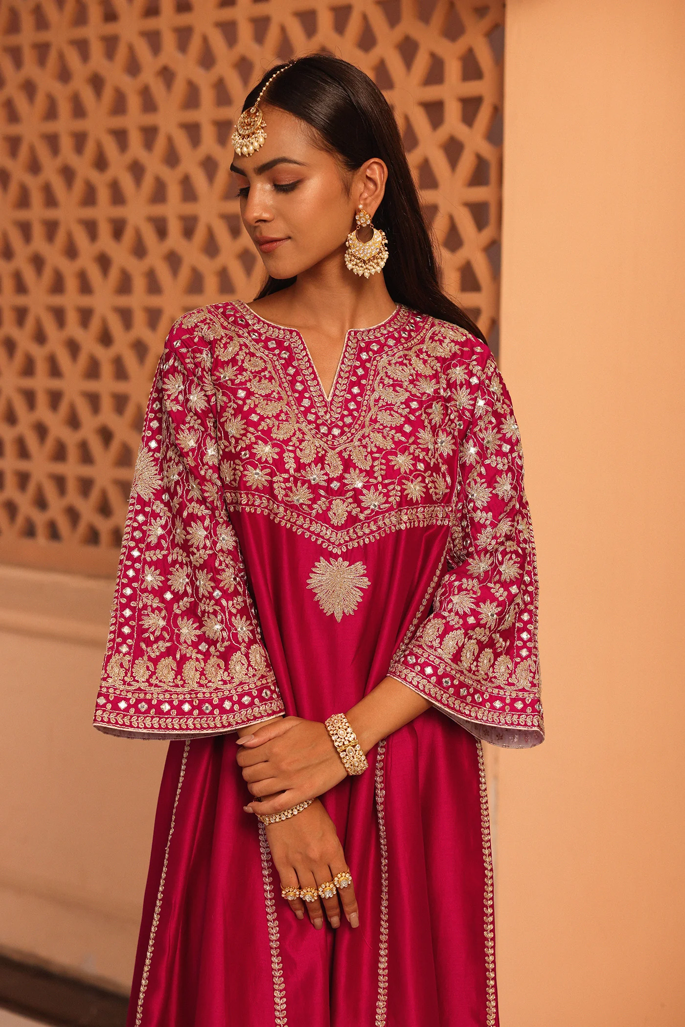 Aiman - Rani Hotpink Short Knee Length Choga with Salwar - Image 3