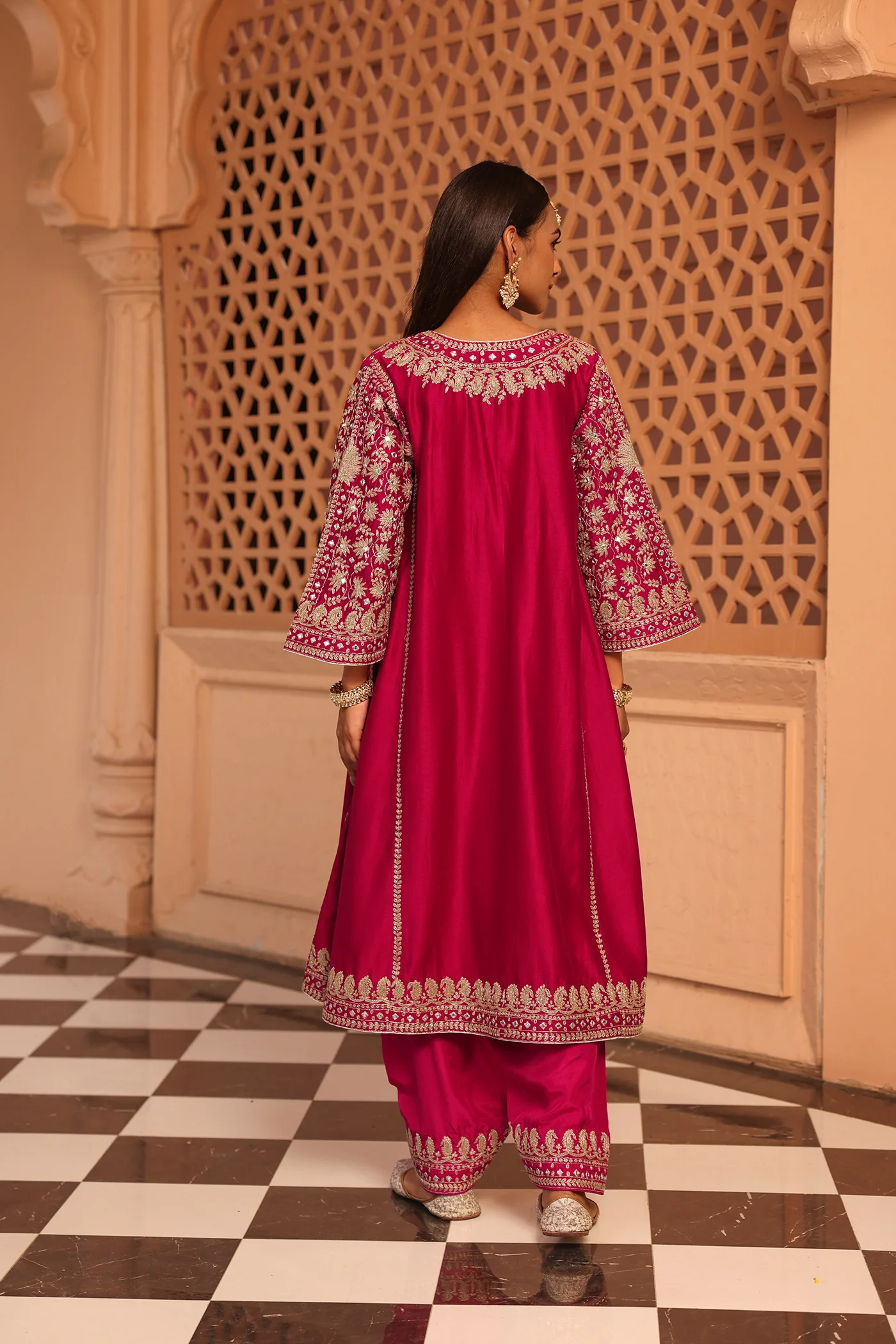 Aiman - Rani Hotpink Short Knee Length Choga with Salwar - Image 4