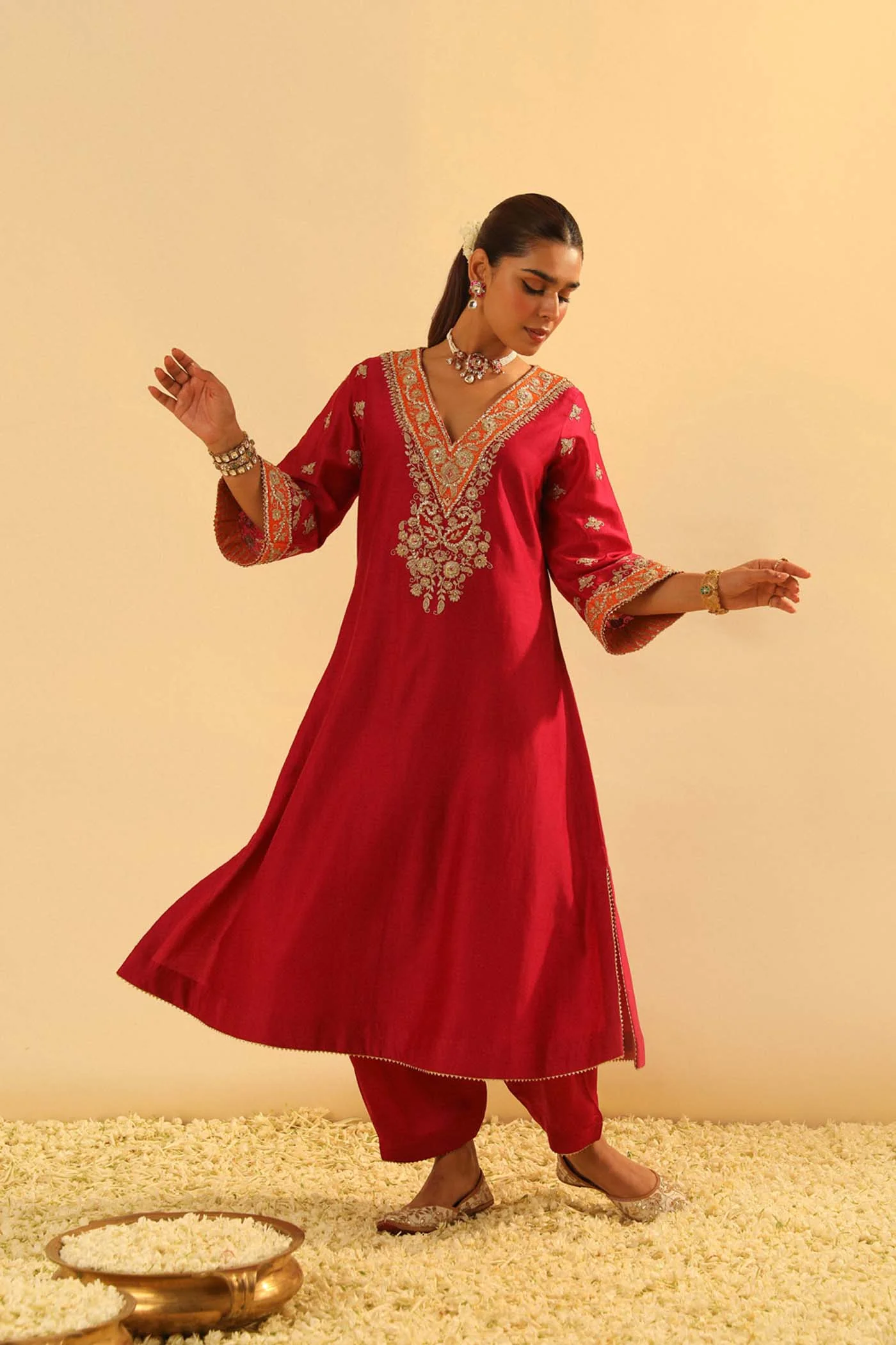 Alima - Red Long A-line Choga with Salwar - Image 3