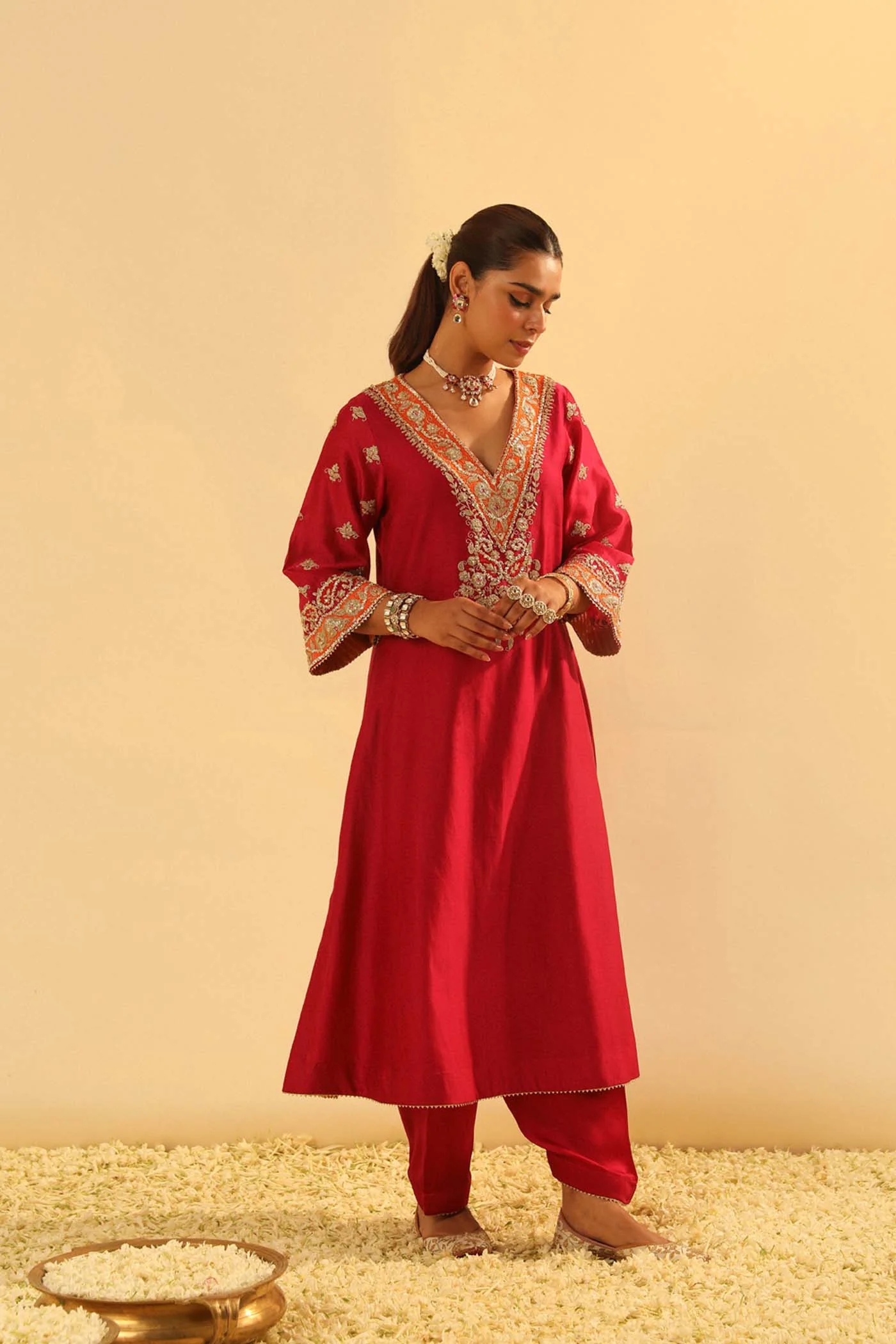 Alima - Red Long A-line Choga with Salwar - Image 4