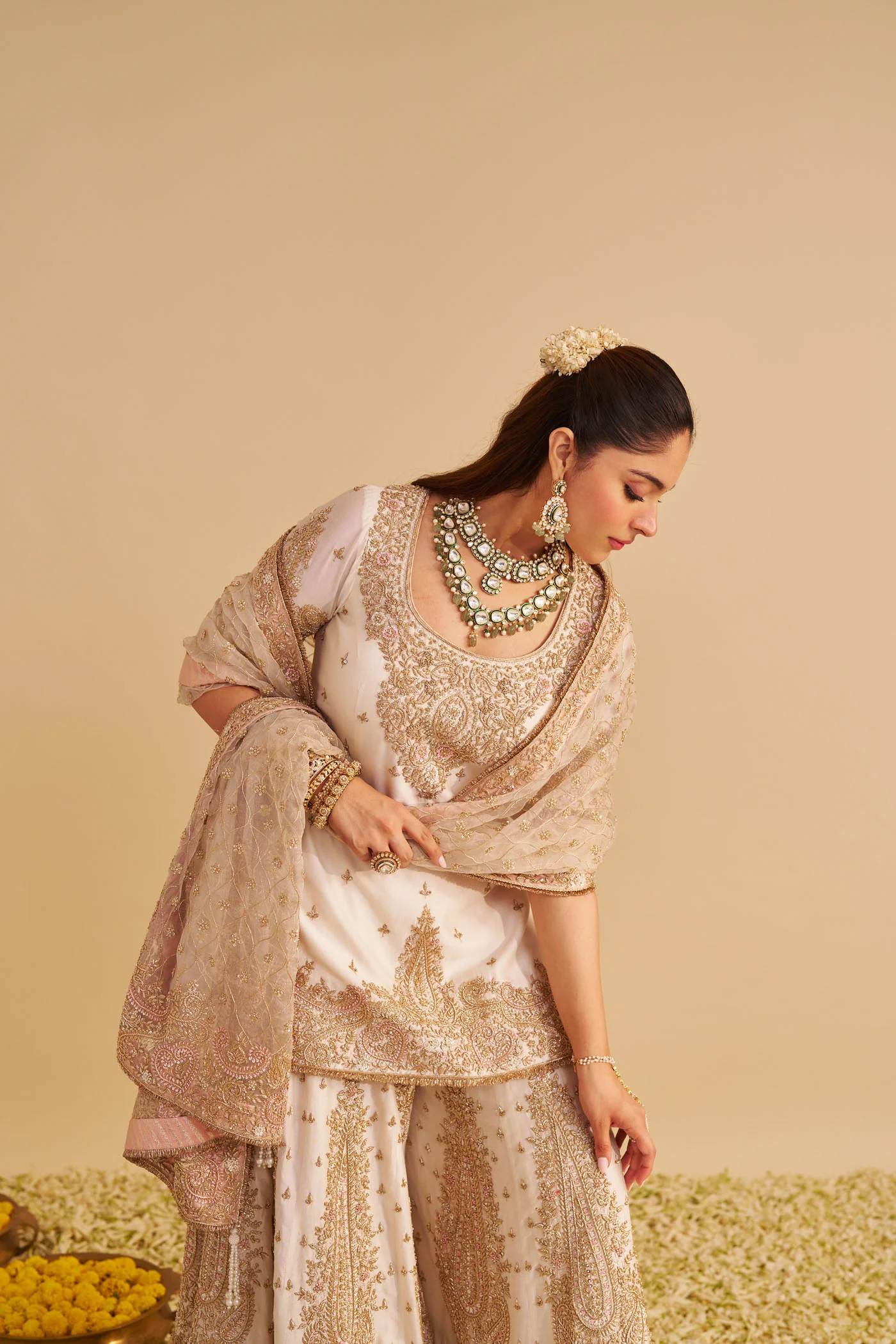 Alina - Dabka Zardozi Embroidered Silk Daisy Ivory Sharara Set - Image 4
