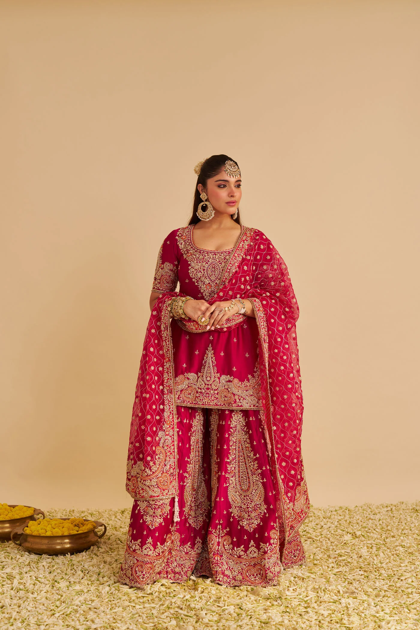 Alina - Dabka Zardozi Embroidered Silk Rani Hotpink Sharara Set - Image 2
