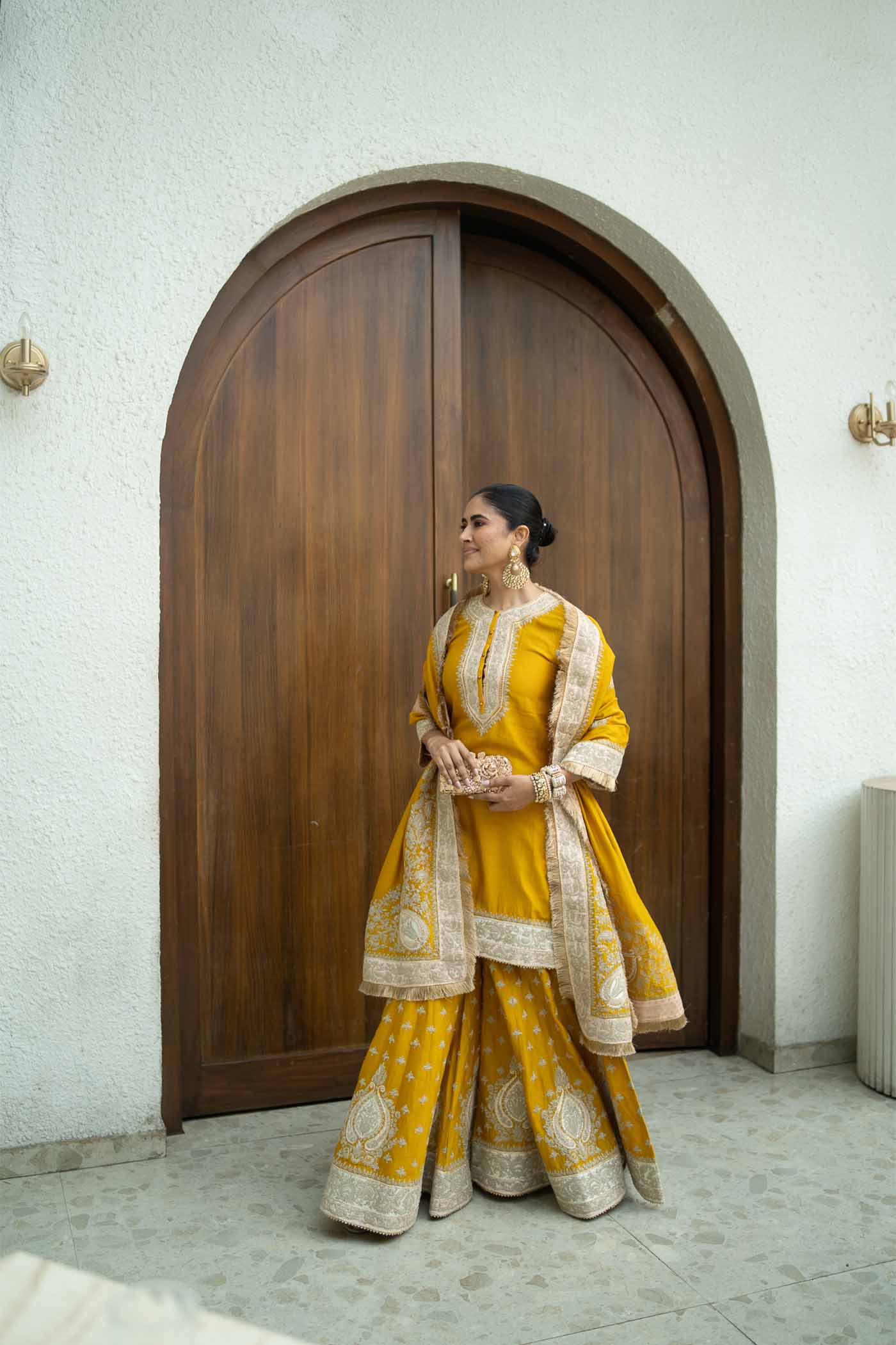 Alisha Pekha In RAINA - Glaze Mustard SHORT KURTA WITH SHARARA AND ODHNI - Image 2